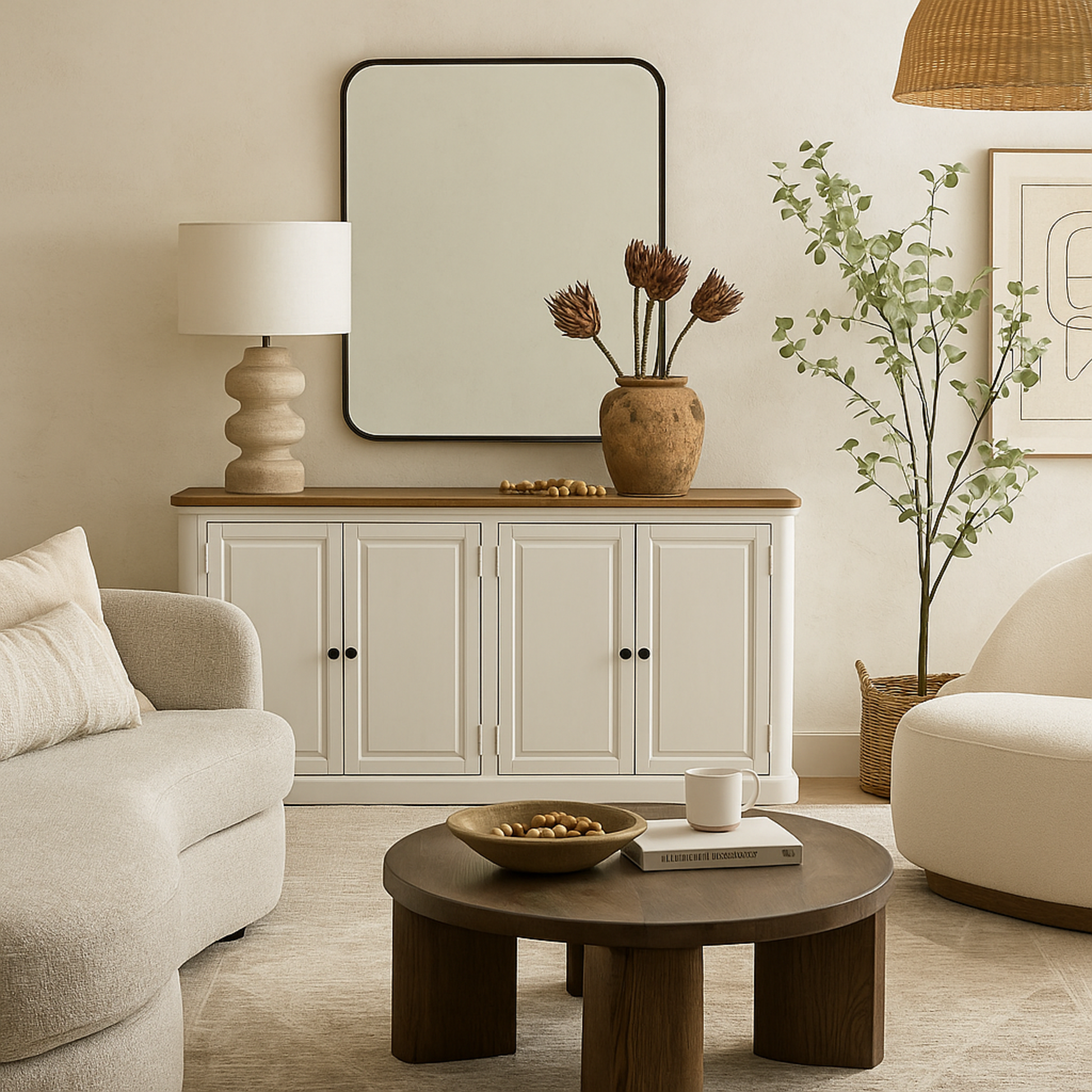 White Wood 4 Door Media Credenza Sideboard with Brown Wood Top and Black Round Knobs
