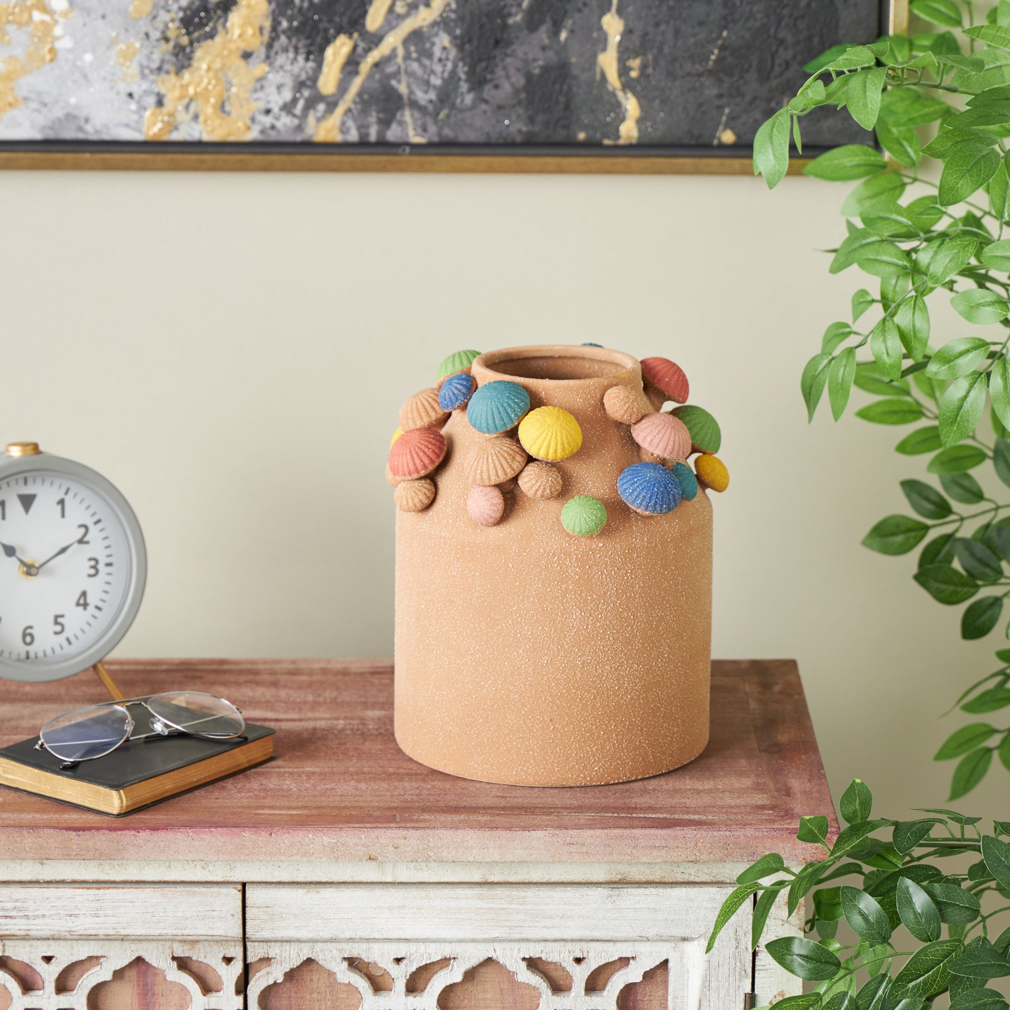 Mushroom Brown Ceramic Round Wide Decorative Vase with Multicolor Accents and White Speckles