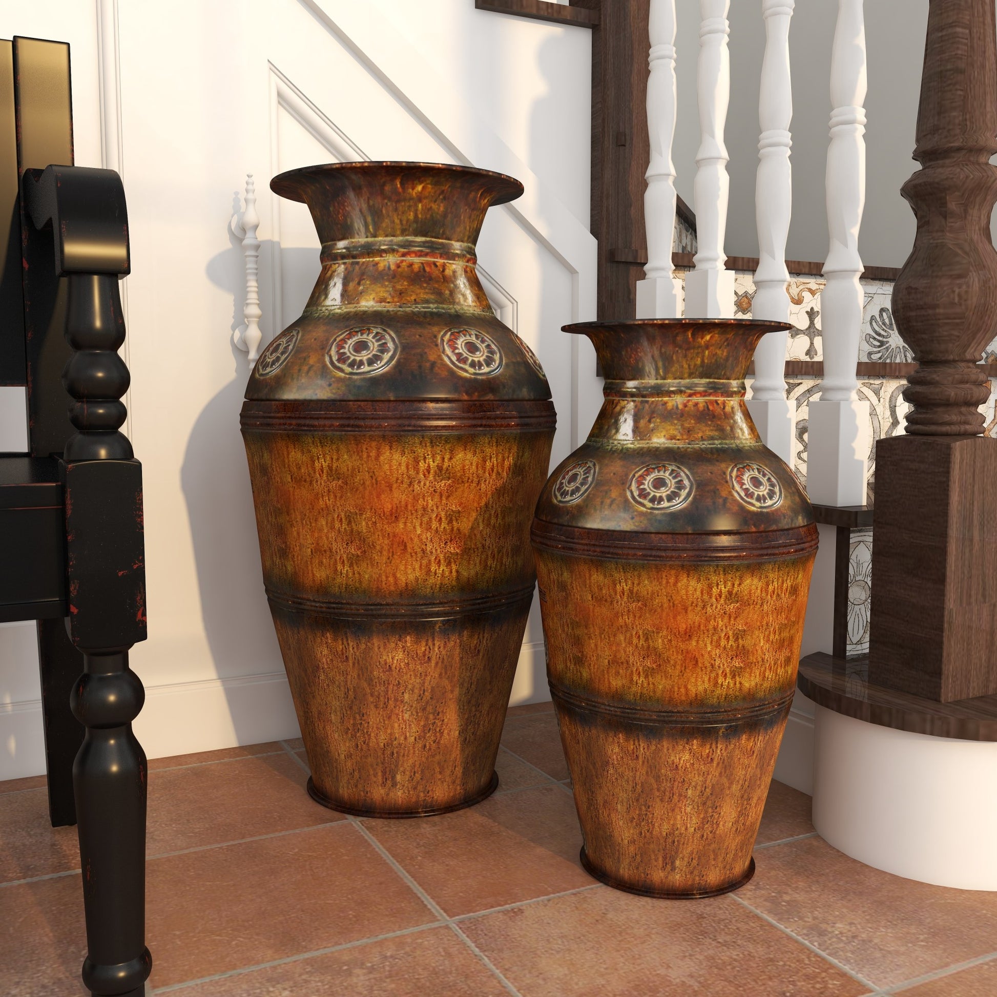 Set of 2 Floral Brown Metal Indoor Outdoor Large Decorative Vase with Evil Eye Relief