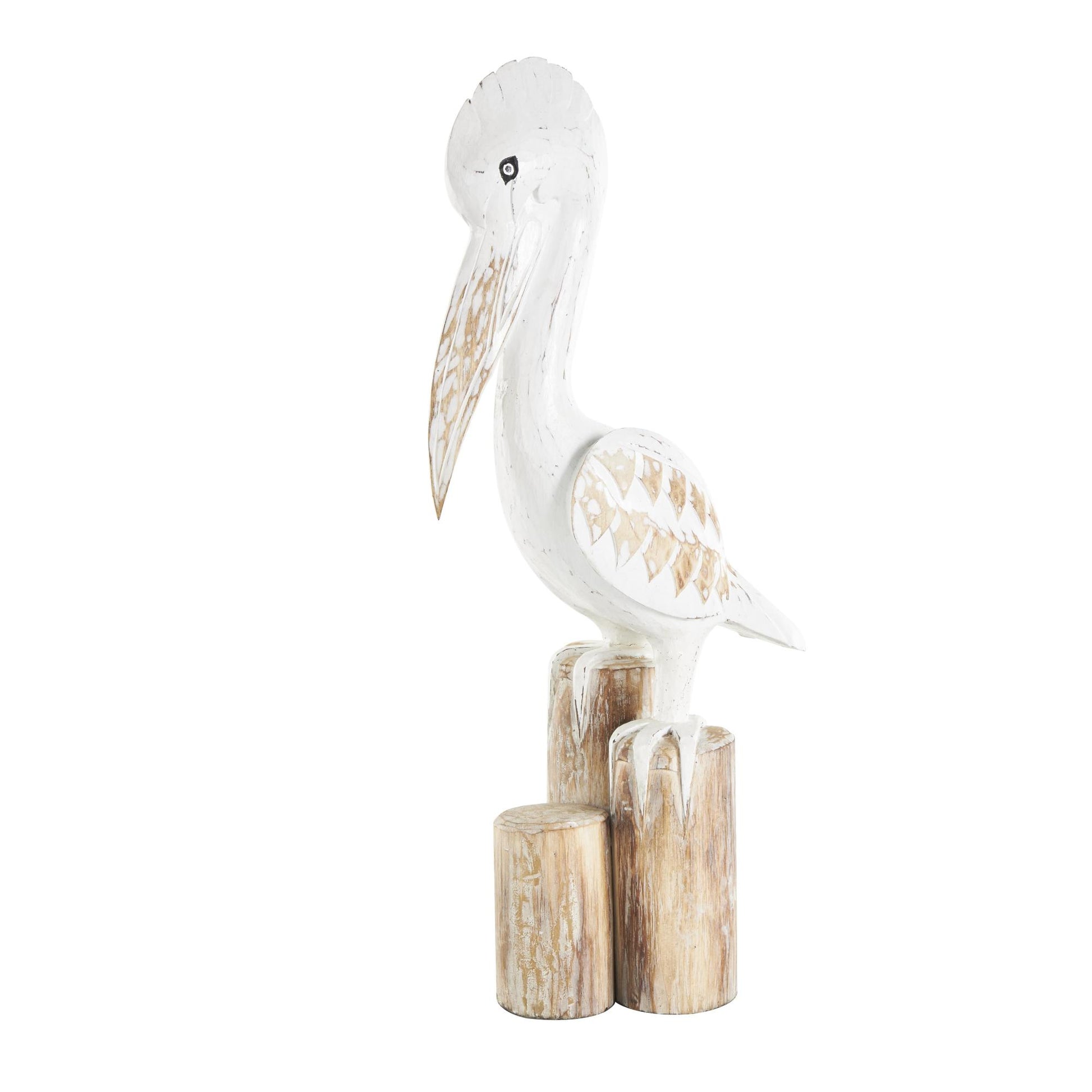 Pelican White Wood Handmade Distressed Decorative Sculpture with 3 Brown Posts