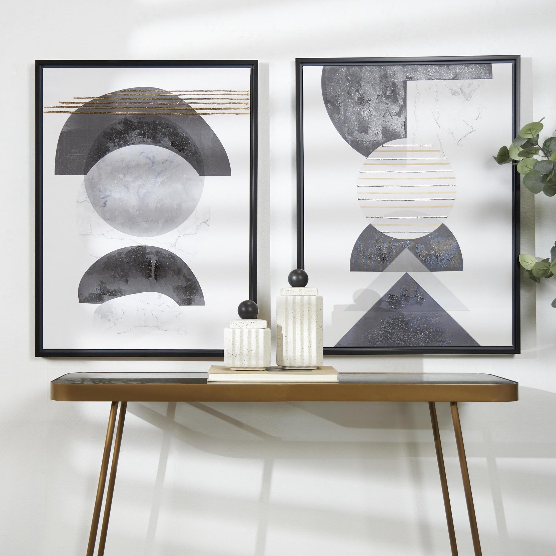 Set of 2 Geometric White Canvas Mid Century Modern Geometric Living Room Framed Wall Art with Gold Foil Accent
