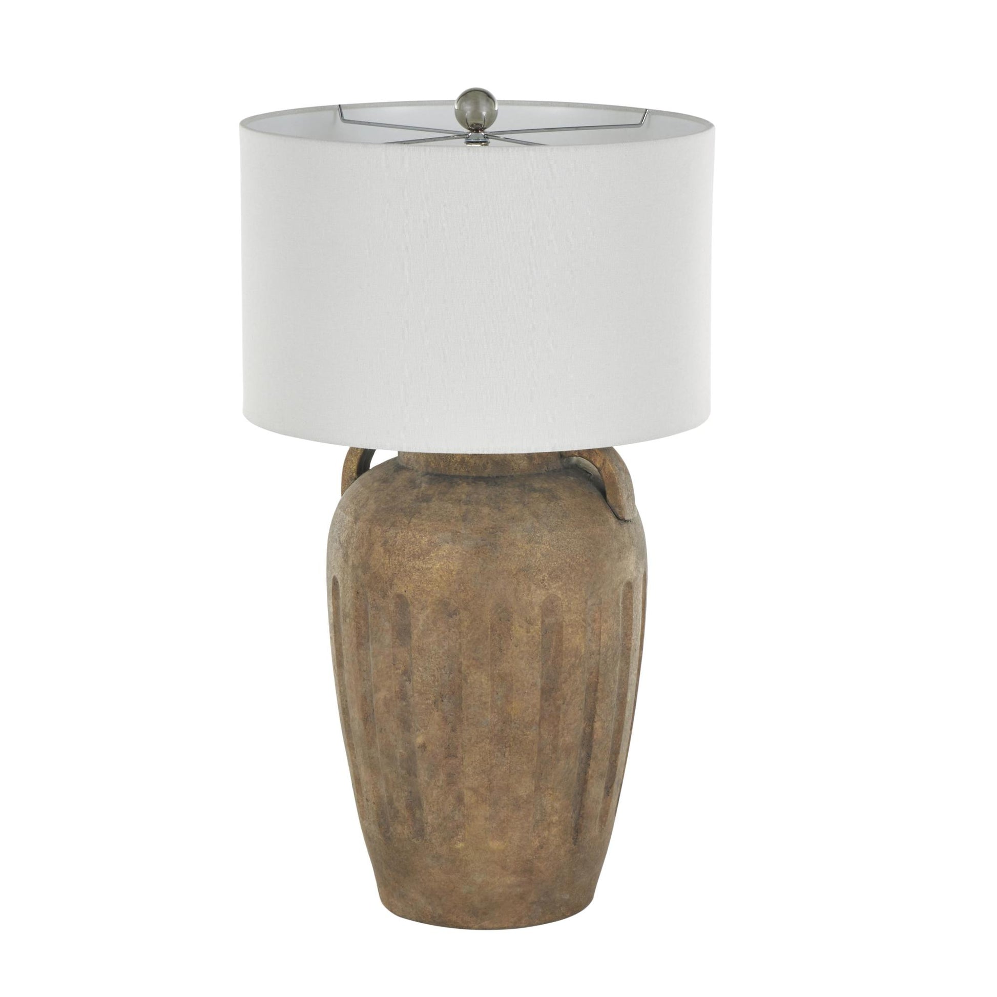 Ceramic Tall Distressed Antique Style Pot Vase Room Table Lamp with Cream Linen Shade and Textured Grooves 16" x 16" x 29"