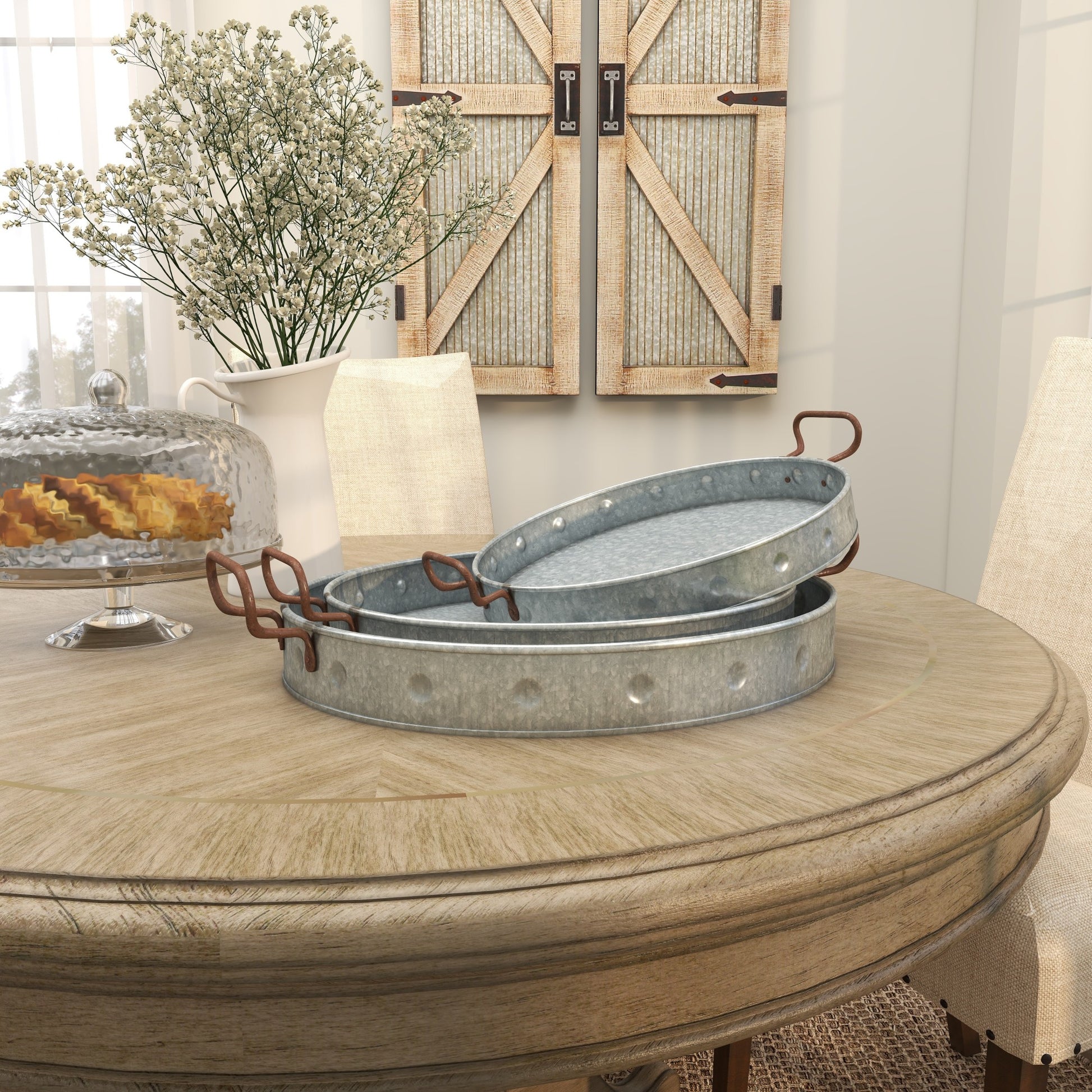 Set of 3 Gray Metal Galvanized Oval Living Room Decor Tray with Rust Handles