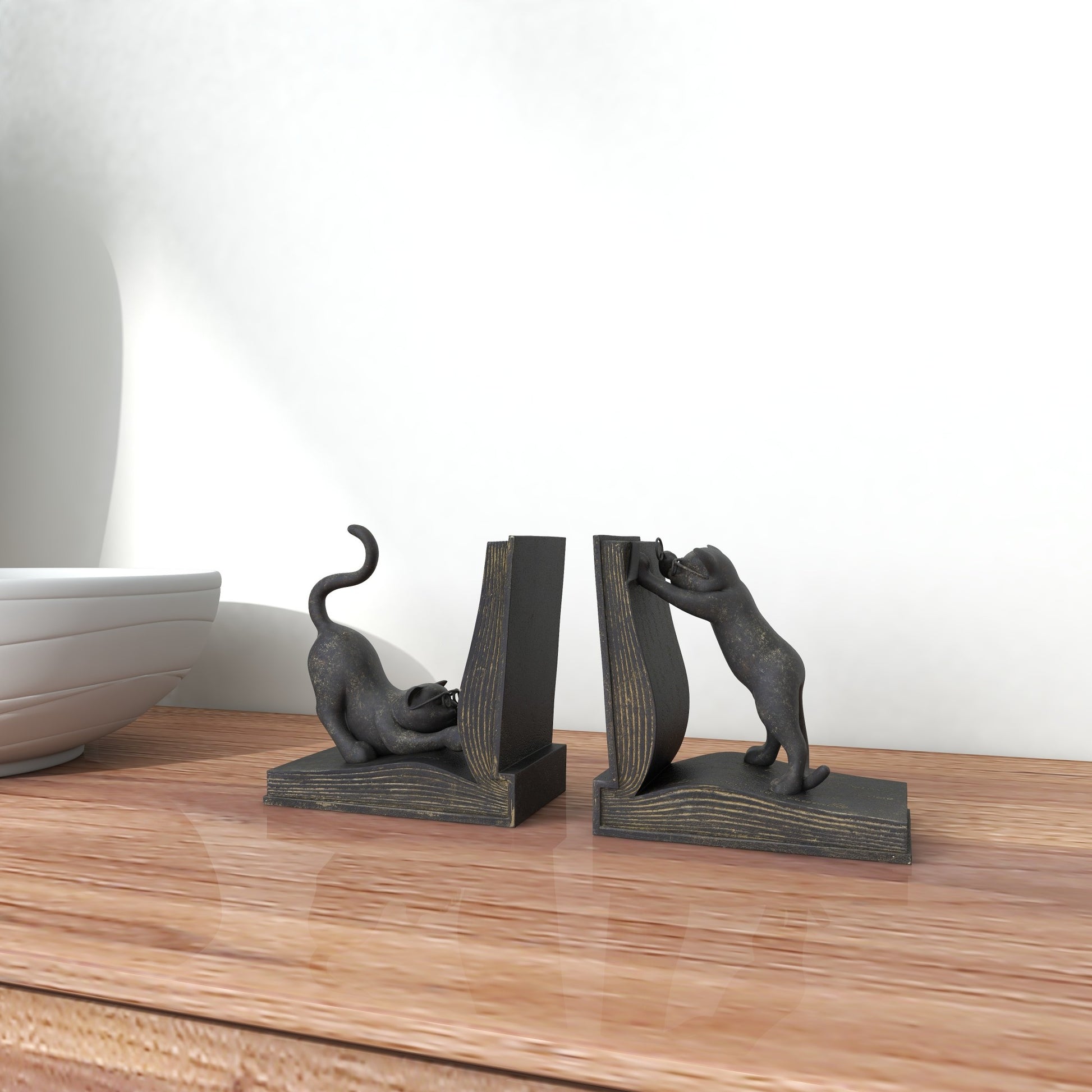 Set of 2 Cat Black Polystone Reading Decorative Bookends
