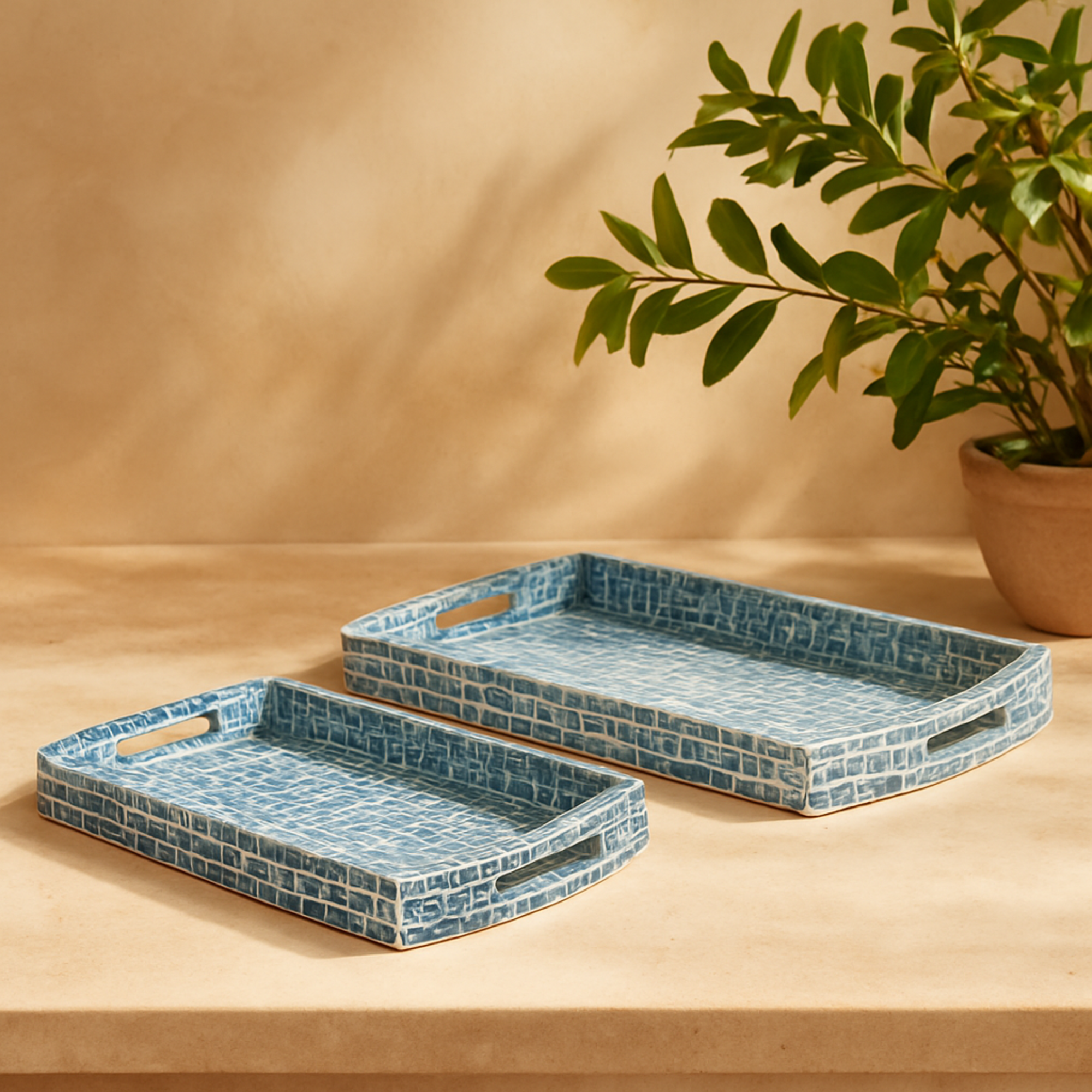 Set of 2 Blue Wood Living Room Decor Tray with Slot Handles
