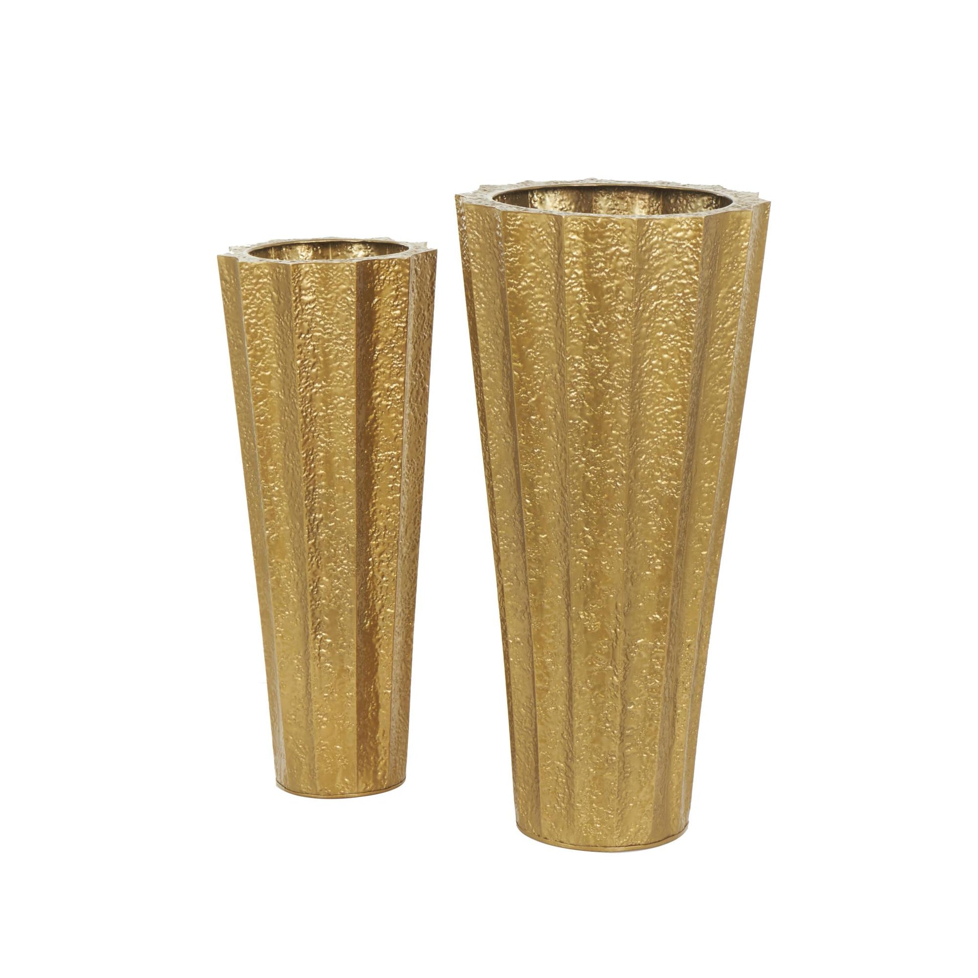 Set of 2 Gold Metal Tall Textured Hammered Floor Decorative Vase