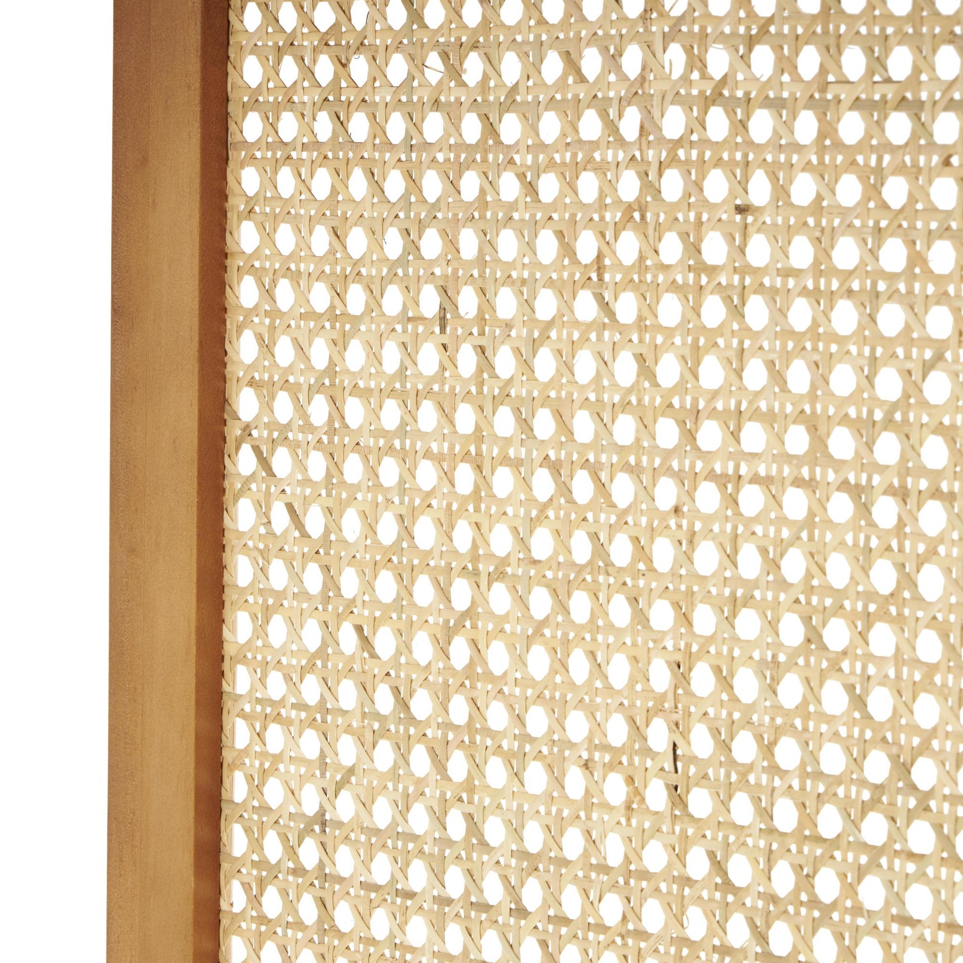 Wood Arched 3 Panel Partition Room Divider Screen with Slatted Wood Base and Tan Rattan Panels