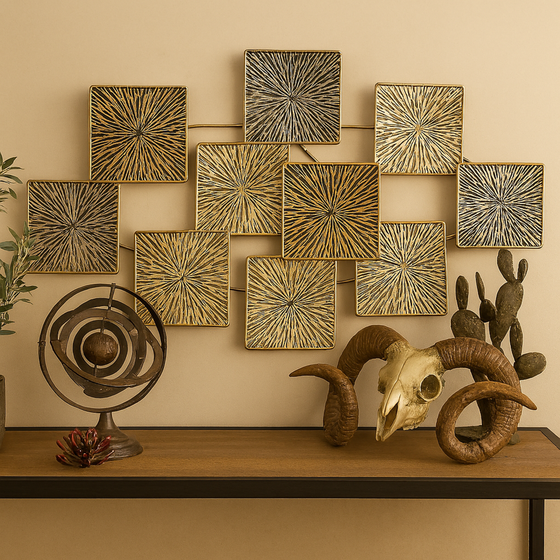 Sunburst Gold Metal Carved Overlapping Square Home Wall Decor