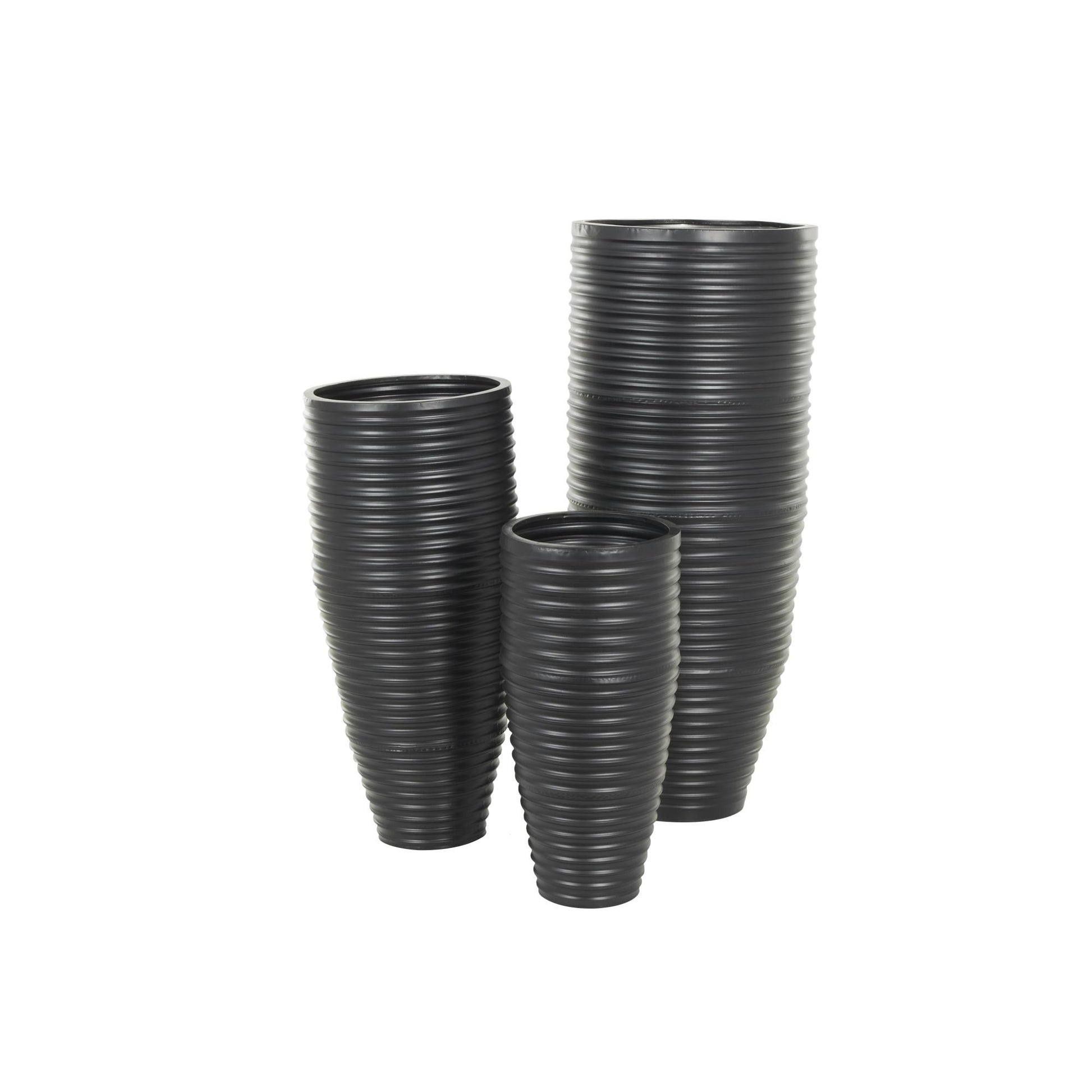 Set of 3 Black Metal Ribbed Tall Floor Decorative Vase with Horizontal Grooves