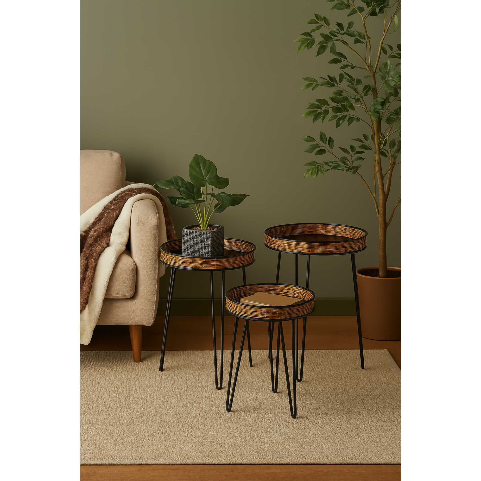 Set of 3 Black Metal Handmade Side End Accent Table with Rattan Edges Tabletops