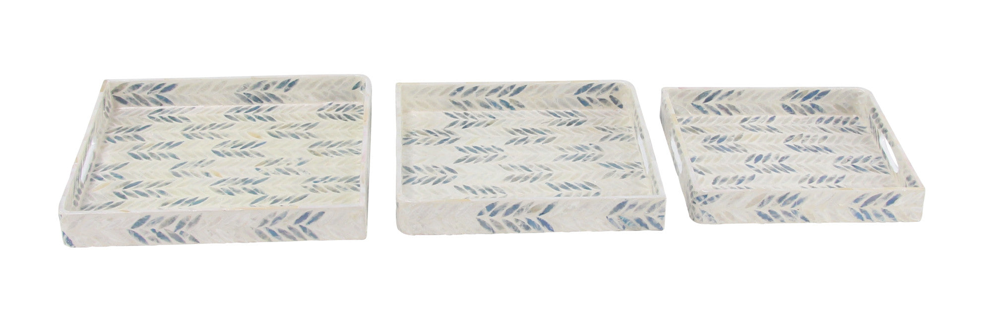 Set of 3 White Mother of Pearl Shell Living Room Decor Tray with Checkerboard Pattern