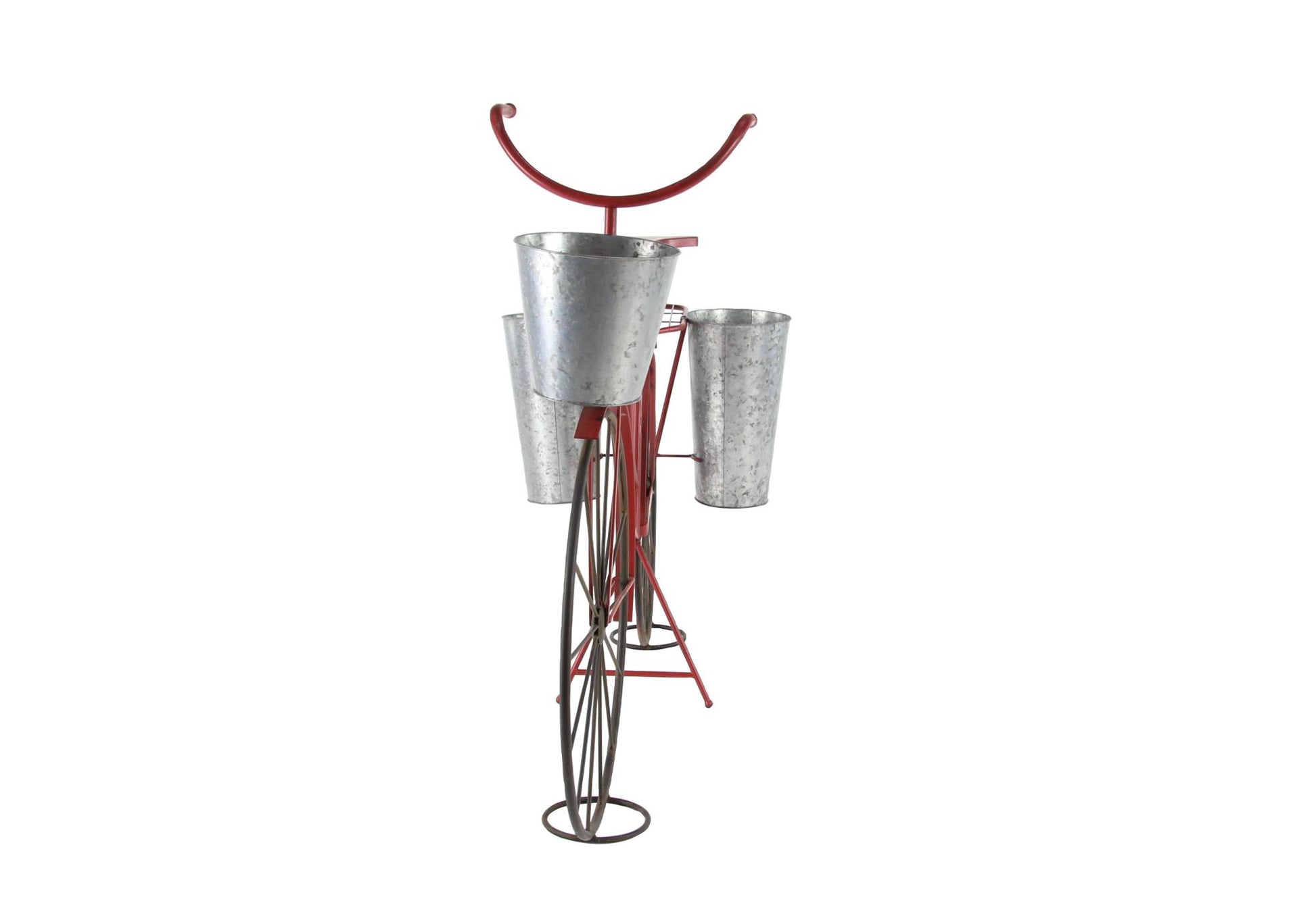 Bike Red Metal Indoor Outdoor Plantstand with Silver Basket and Saddle Bag Planters