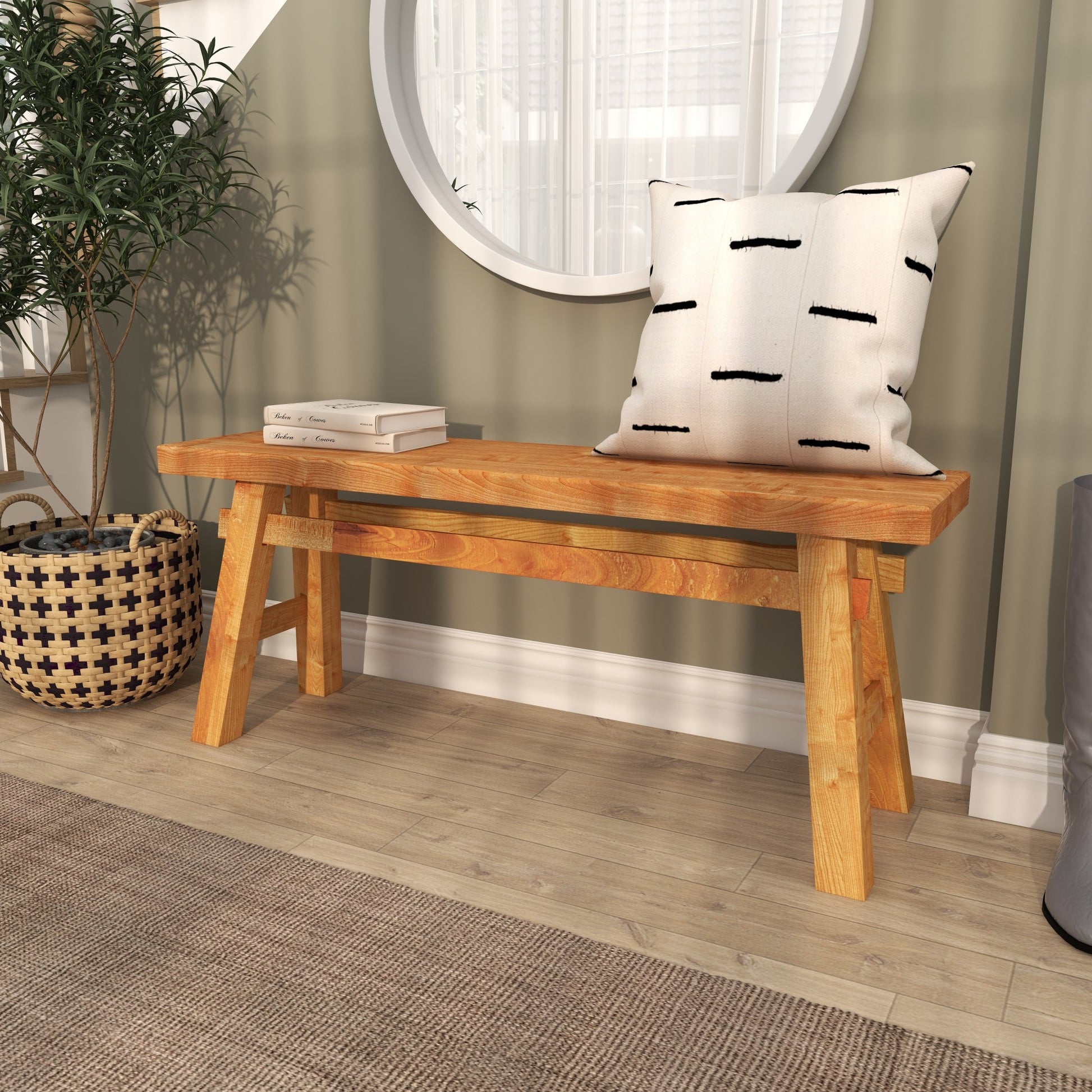 Brown Reclaimed Wood Handmade Home Bench with Natural Finish and High Trestle Legs