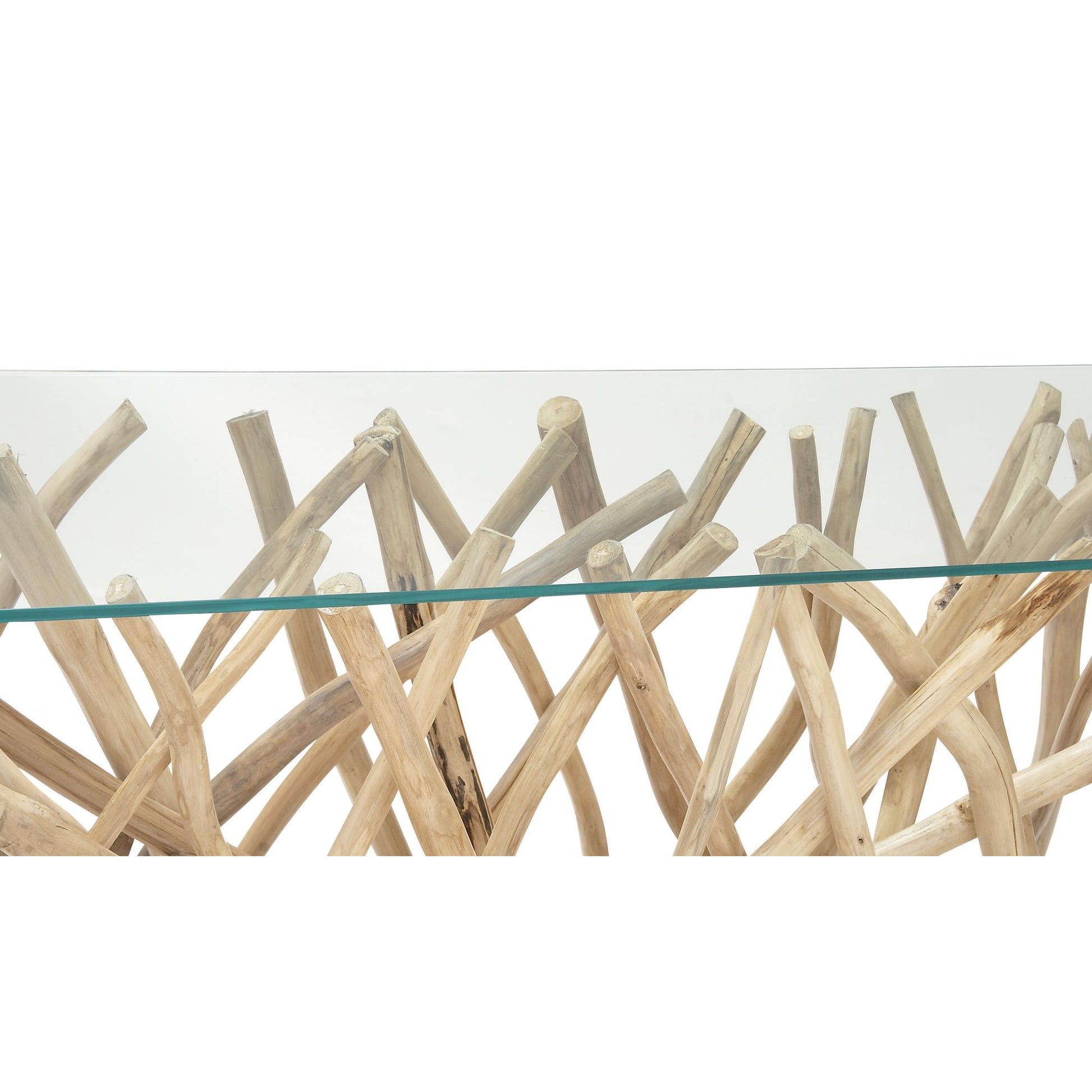 Brown Teak Wood Handmade Tree Branch Living Room Console Table with Clear Glass Top