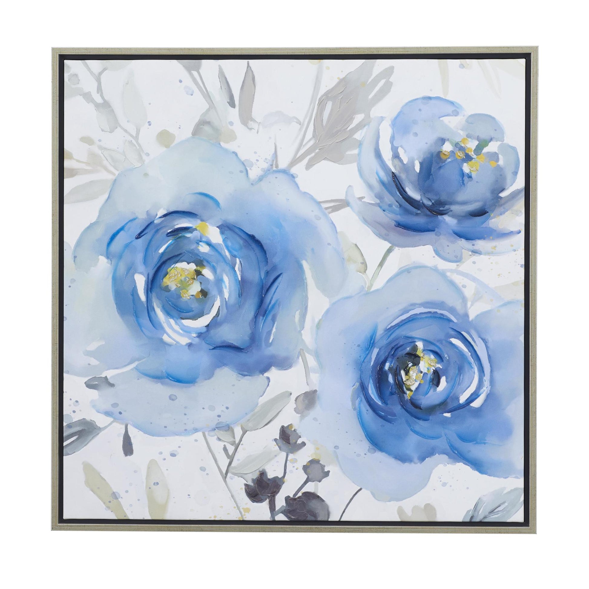Floral Blue Canvas Living Room Framed Wall Art with Silver Frame