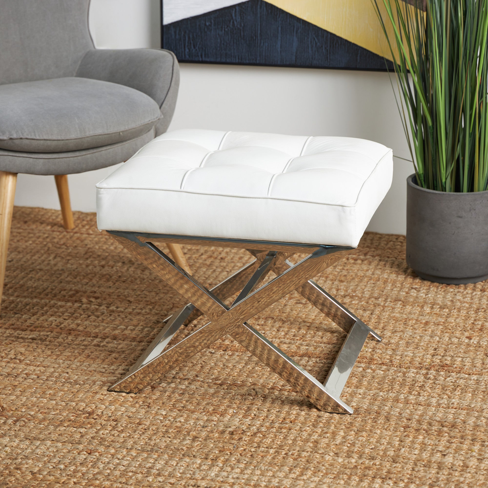 White Leather Living Room Stool with Stainless Steel Supports