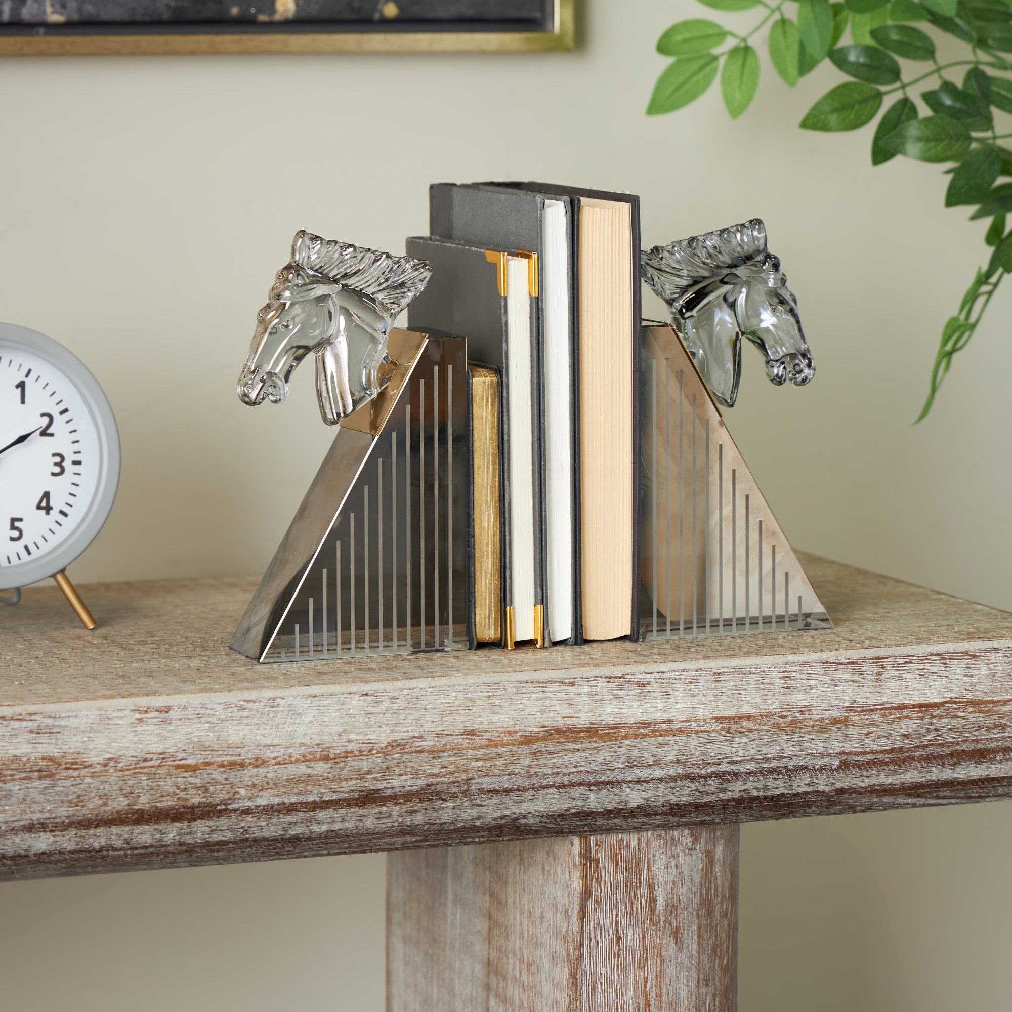 Set of 2 Horse Clear Glass Head Decorative Bookends with Pyramid Bases