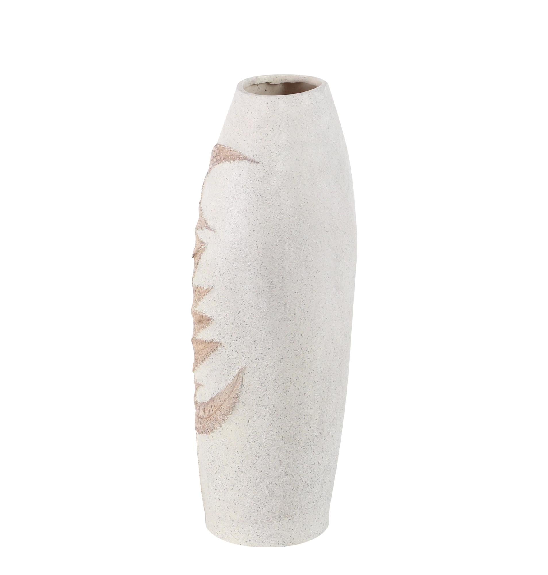 Leaf White Polystone Decorative Vase with Brown Dimensional Leaves