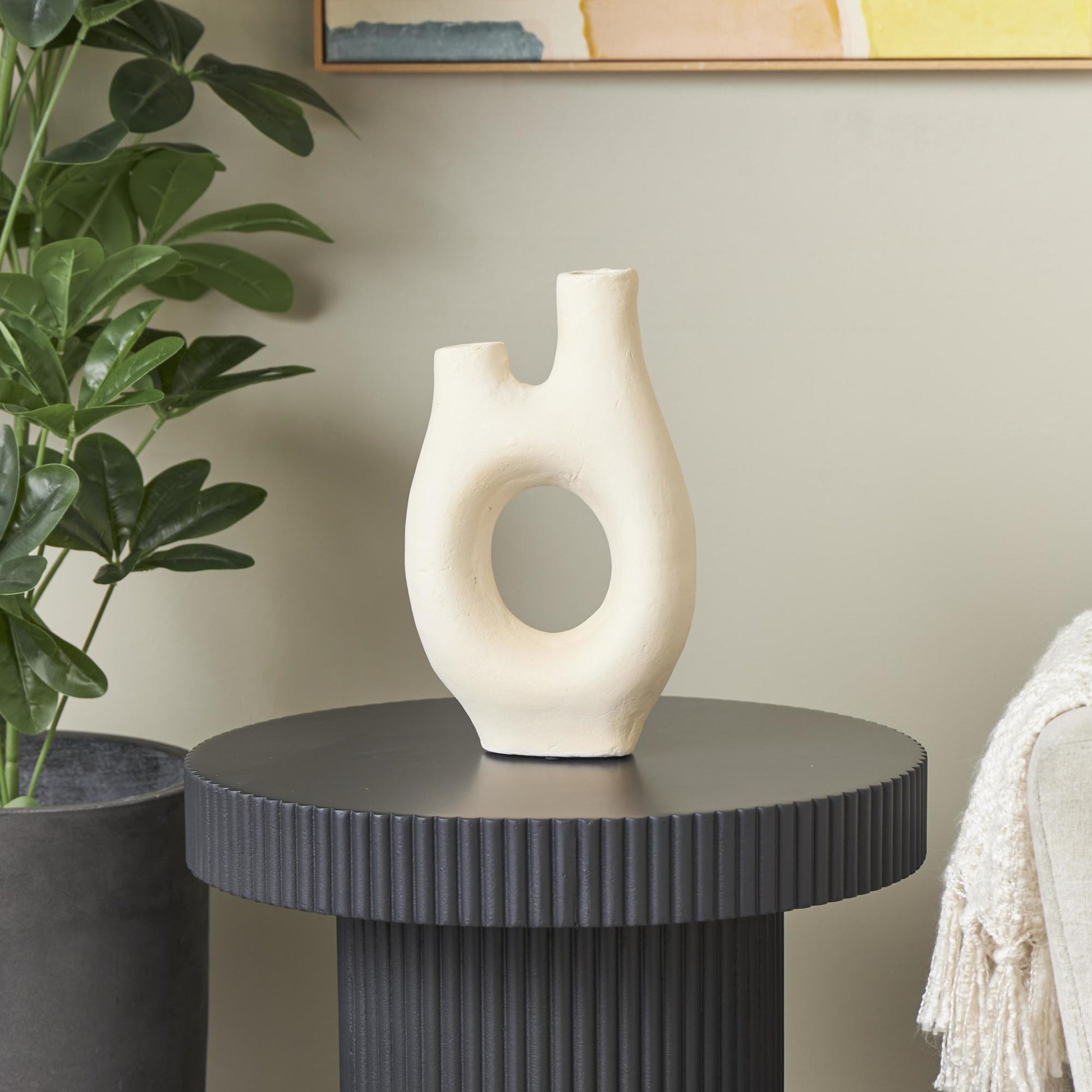 Abstract Beige Paper Mache Rounded Decorative Vase with Double Openings