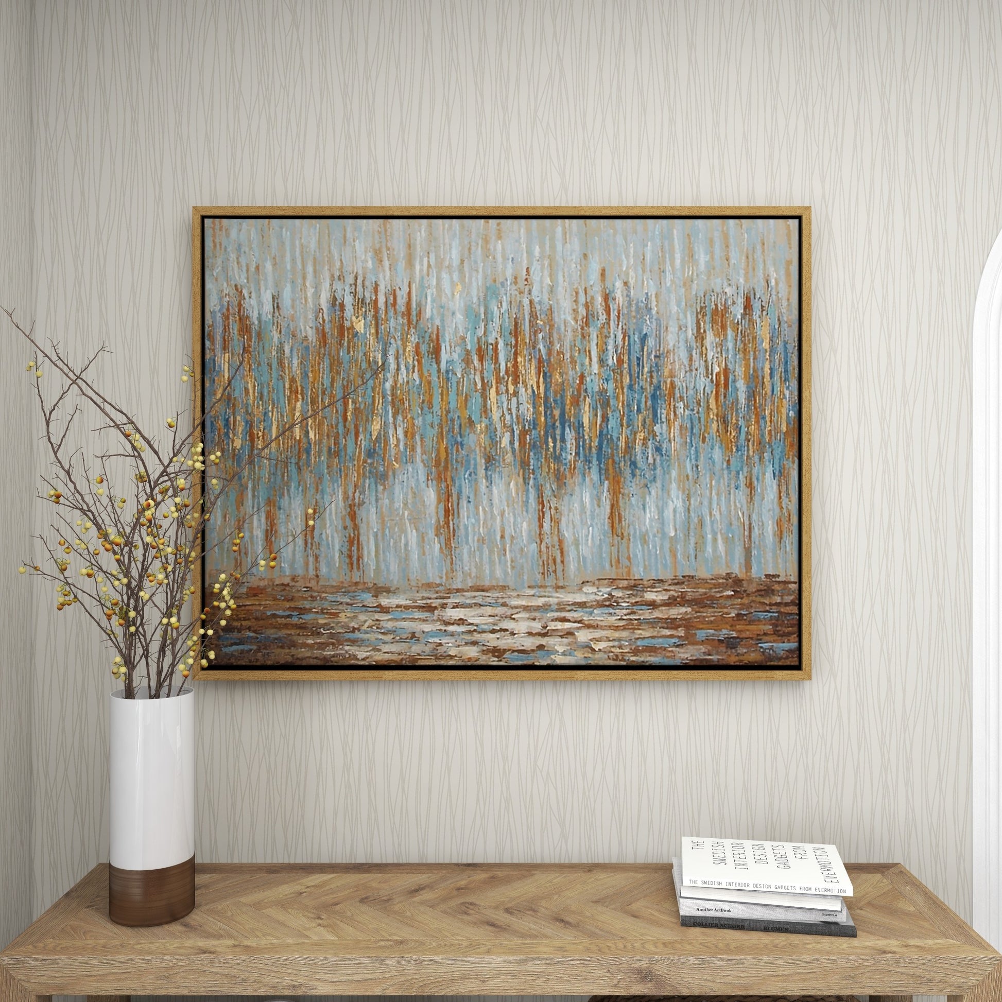 Tree Blue Canvas Abstract Living Room Framed Wall Art with Gold and Copper Accents