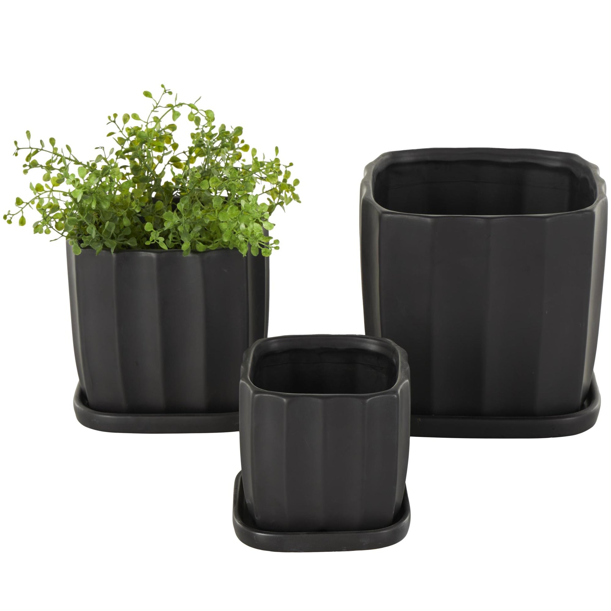 Set of 3 Ceramic Ribbed Indoor Outdoor Planter with Attached Saucer Set of 3 7", 6", 5"H