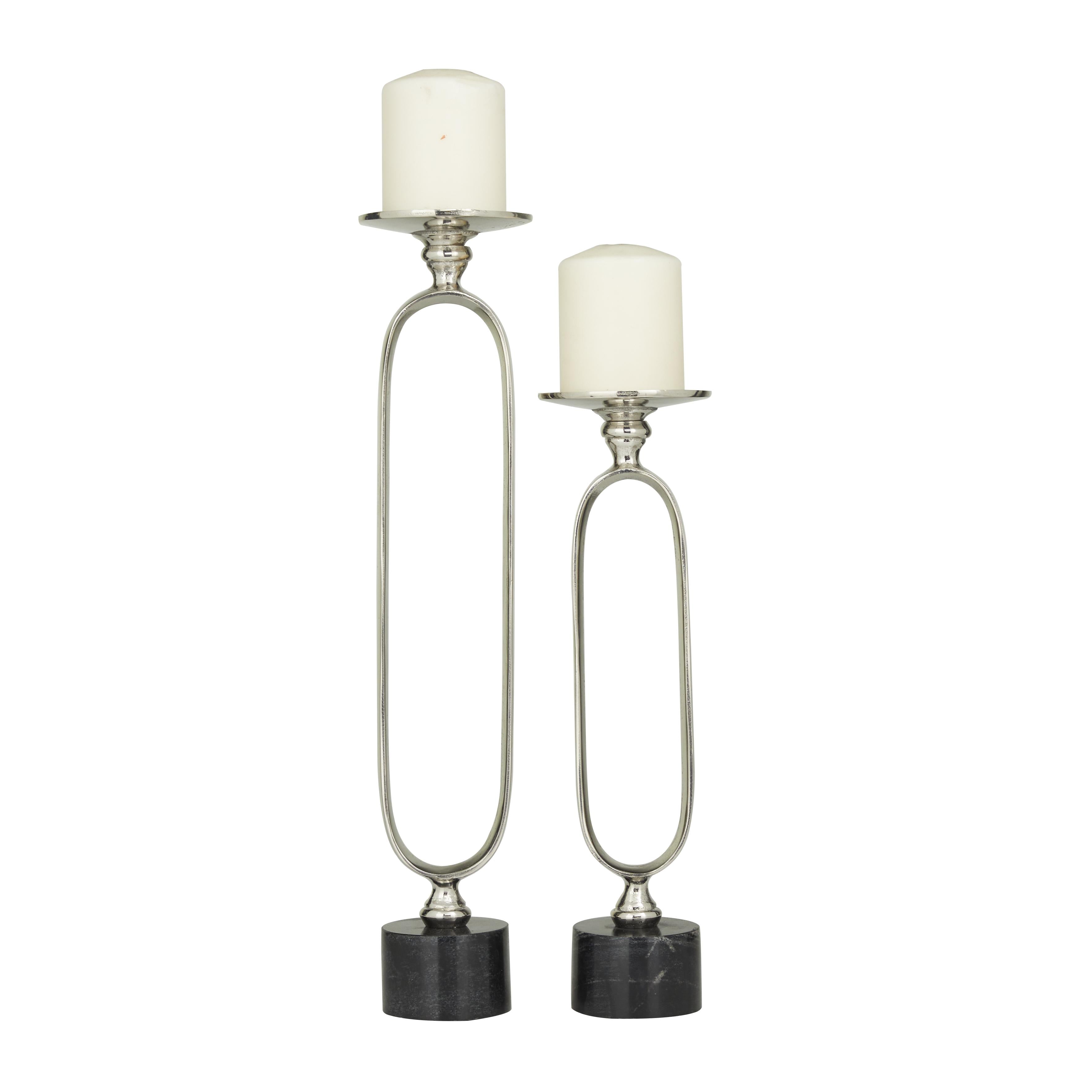 Set of 2 Aluminum Metal Paper Clip Pillar Decorative Candle Holder with Marble Base
