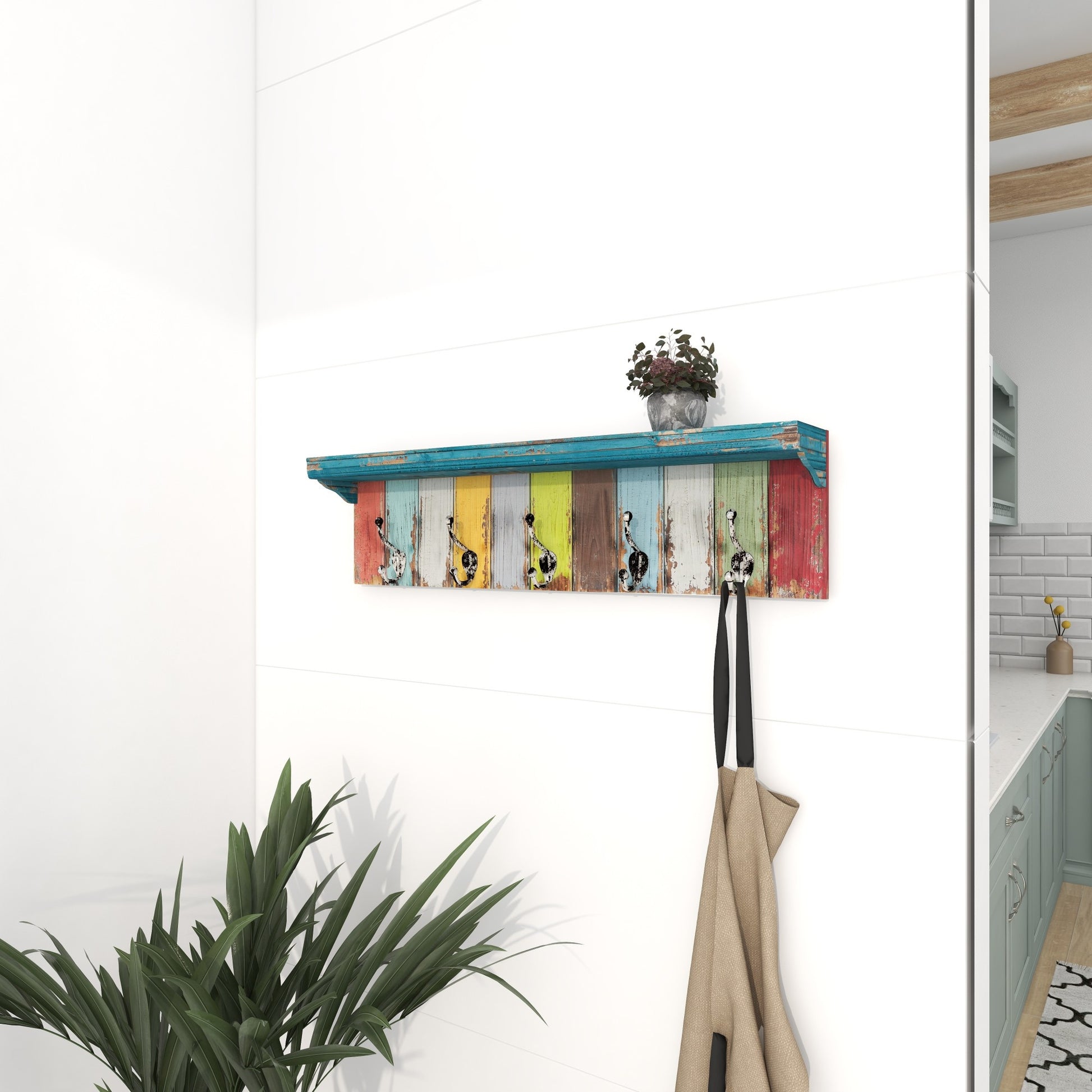 Multi Colored Wood Slatted Distressed Shelf 5 Hanger Home Wall Hook