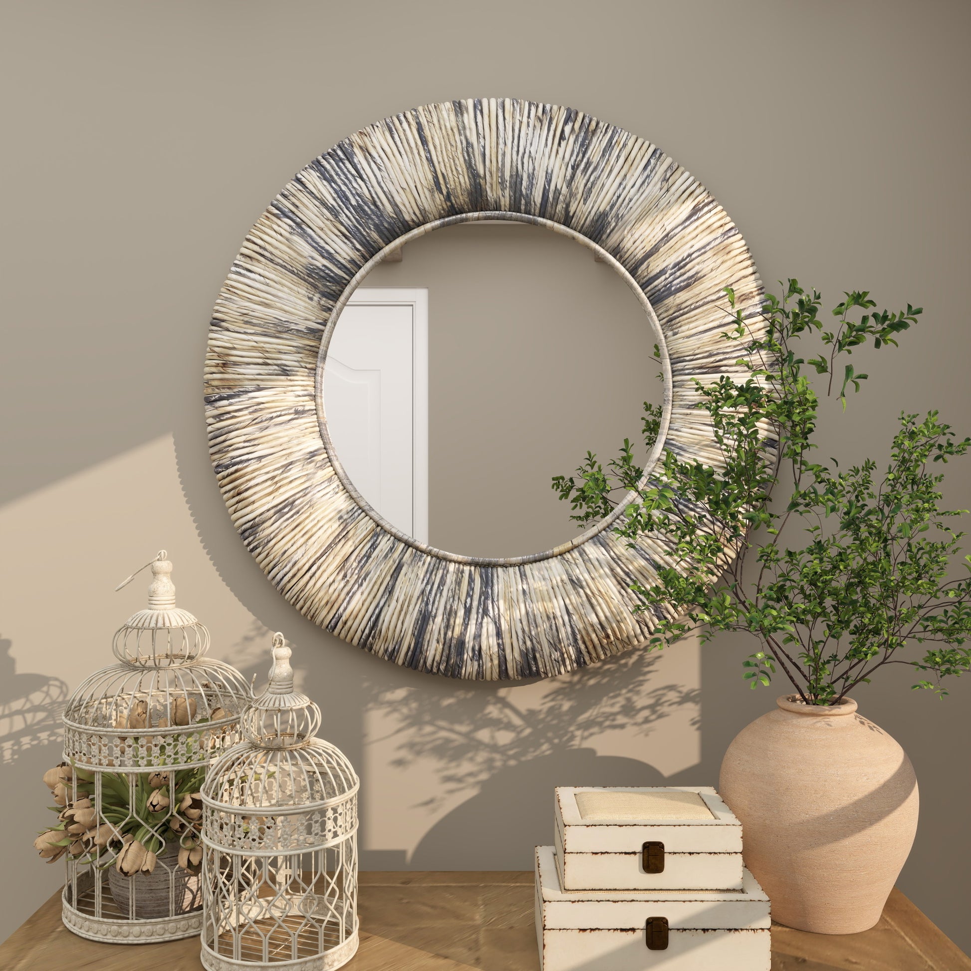 Beige Banana Leaf Room Wall Mirror with Coiled Frame and Blue Accents