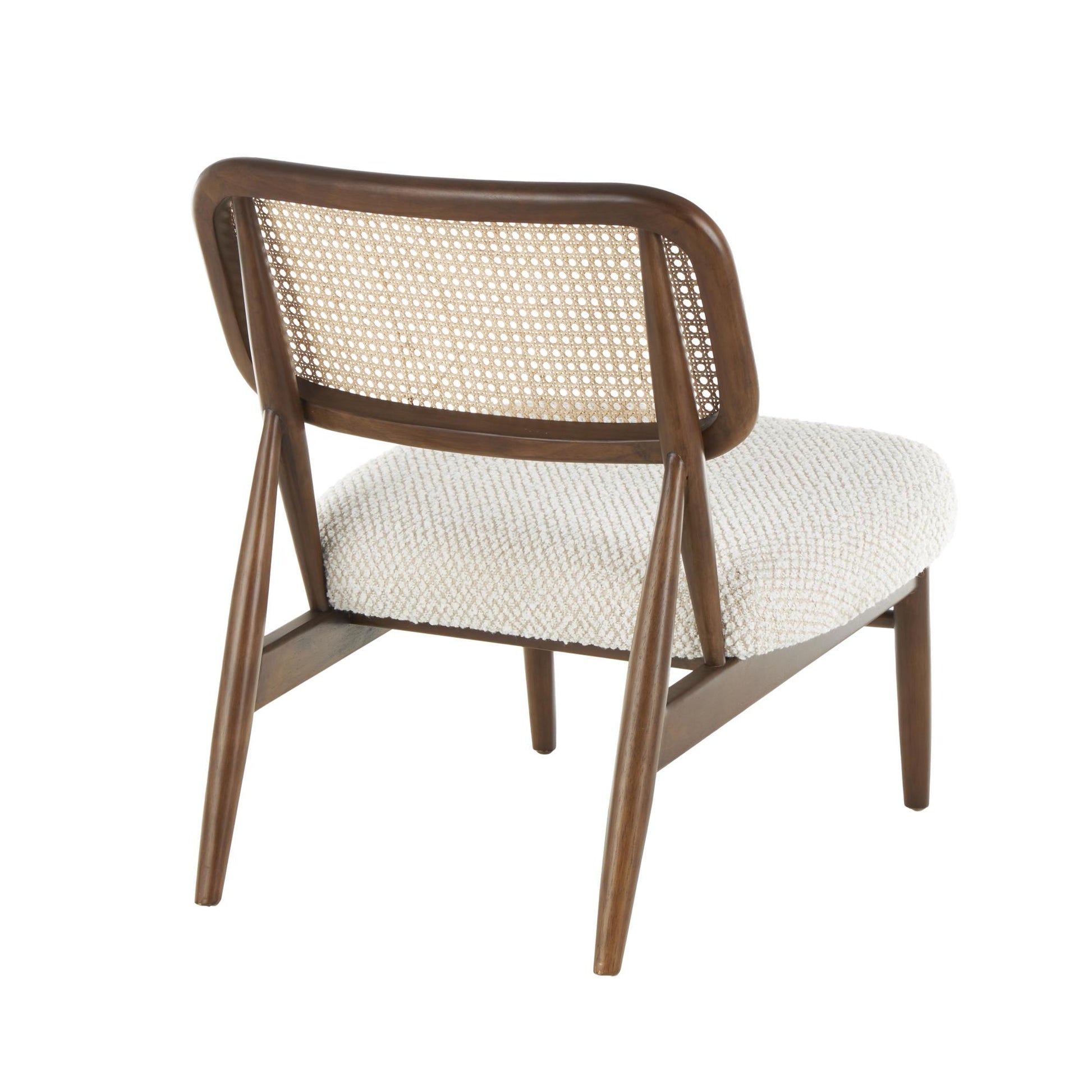 Dark Brown Wood Living Room Accent Chair with Cream Boucle Upholstery and Tan Rattan Backrest