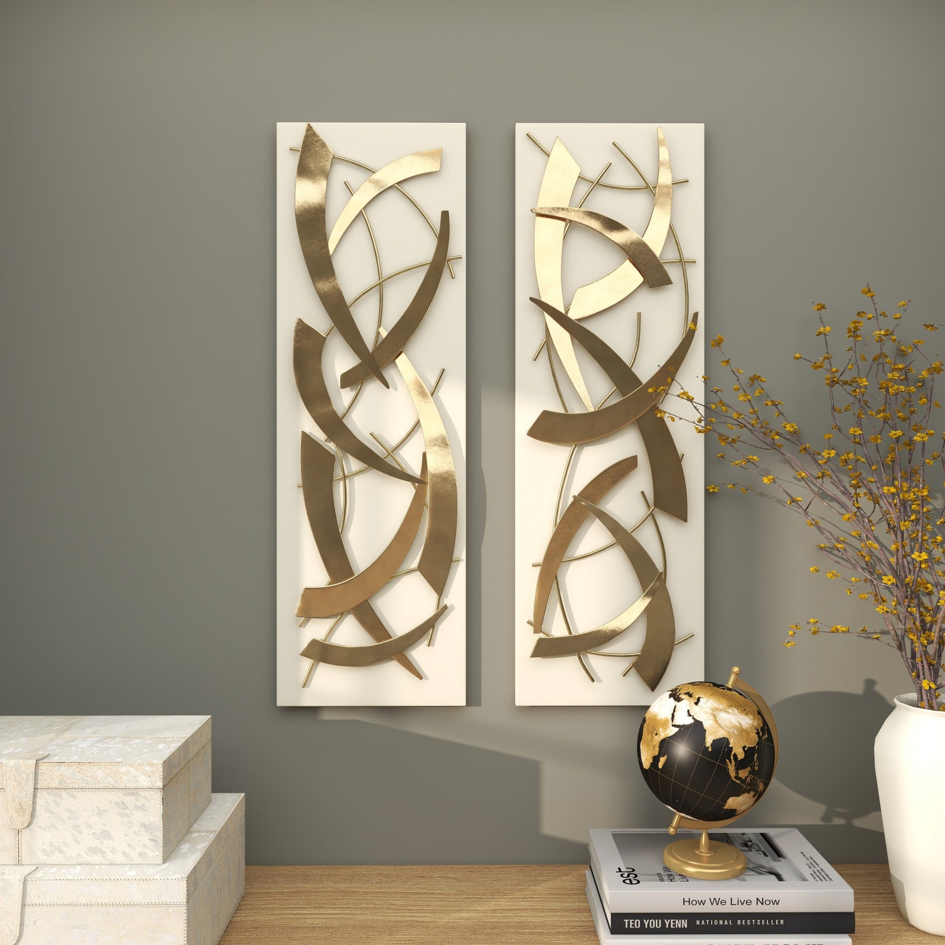 Set of 2 Abstract Metal Dimensional Home Wall Decor with Black Backing Set of 2 12"W, 36"H