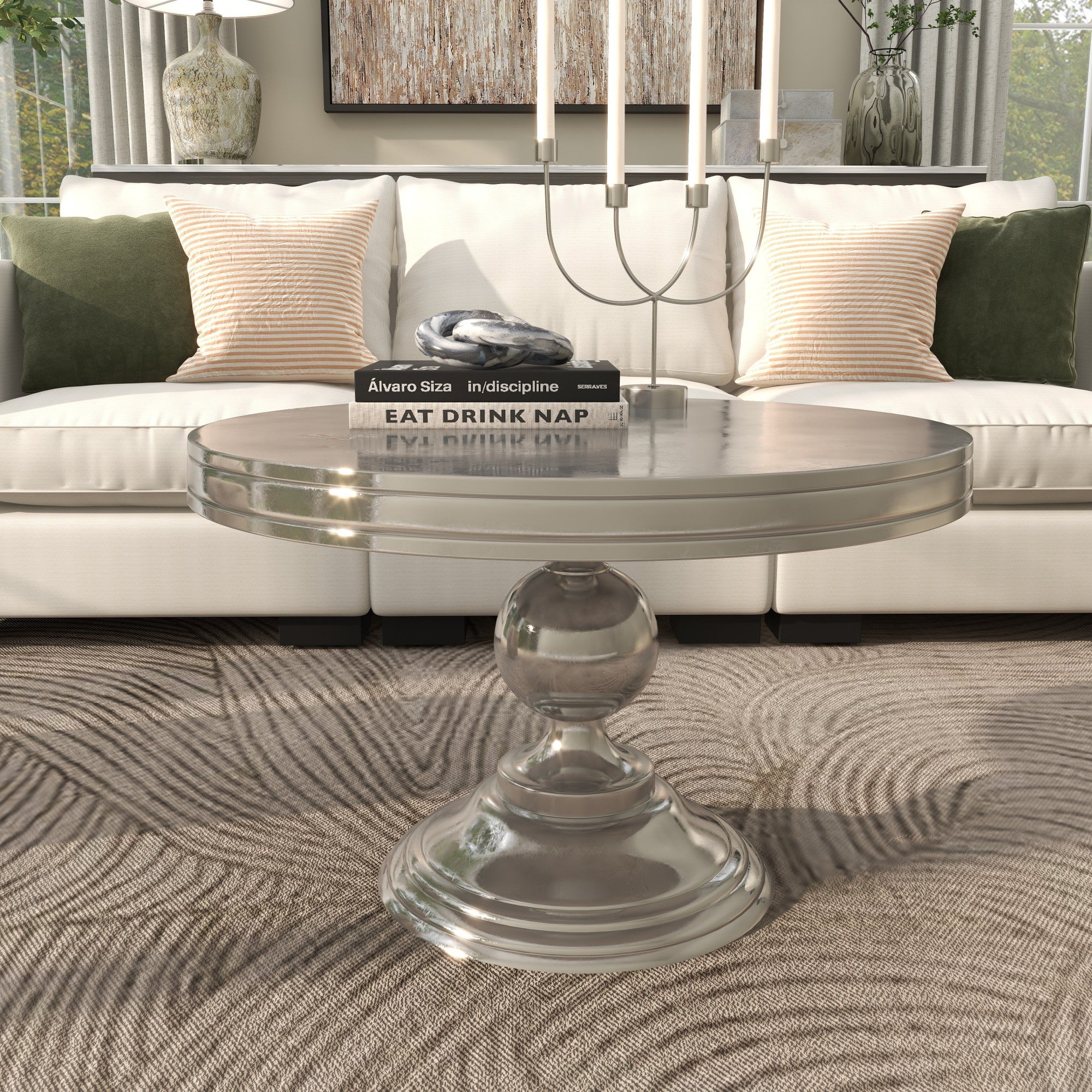 Aluminum Metal Sleek Ball Centered Base Living Room Coffee Table with Pedestal Base 30" x 30" x 19"