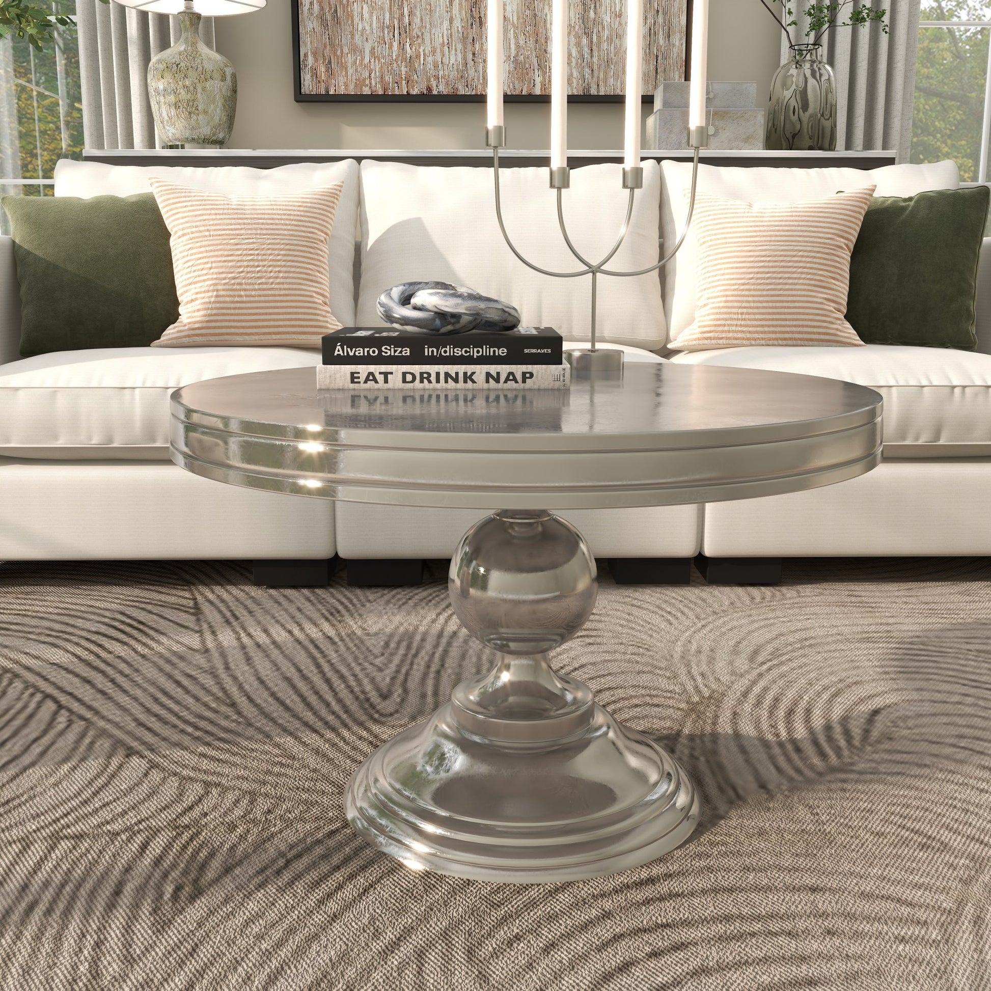 Aluminum Metal Sleek Ball Centered Base Living Room Coffee Table with Pedestal Base 30" x 30" x 19"