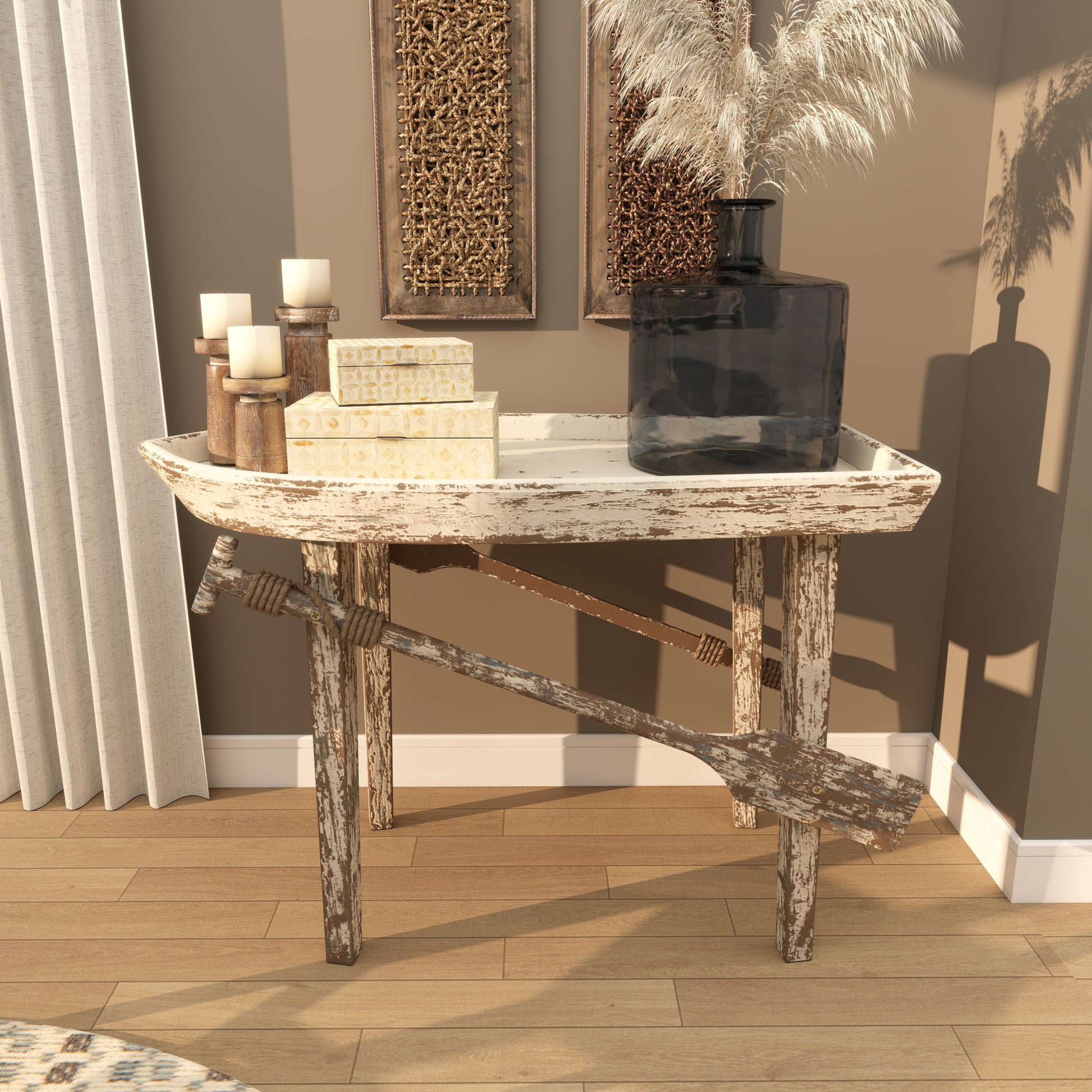 Boat White Wood Distressed Tray Top Side End Accent Table with Oar Detailed Legs