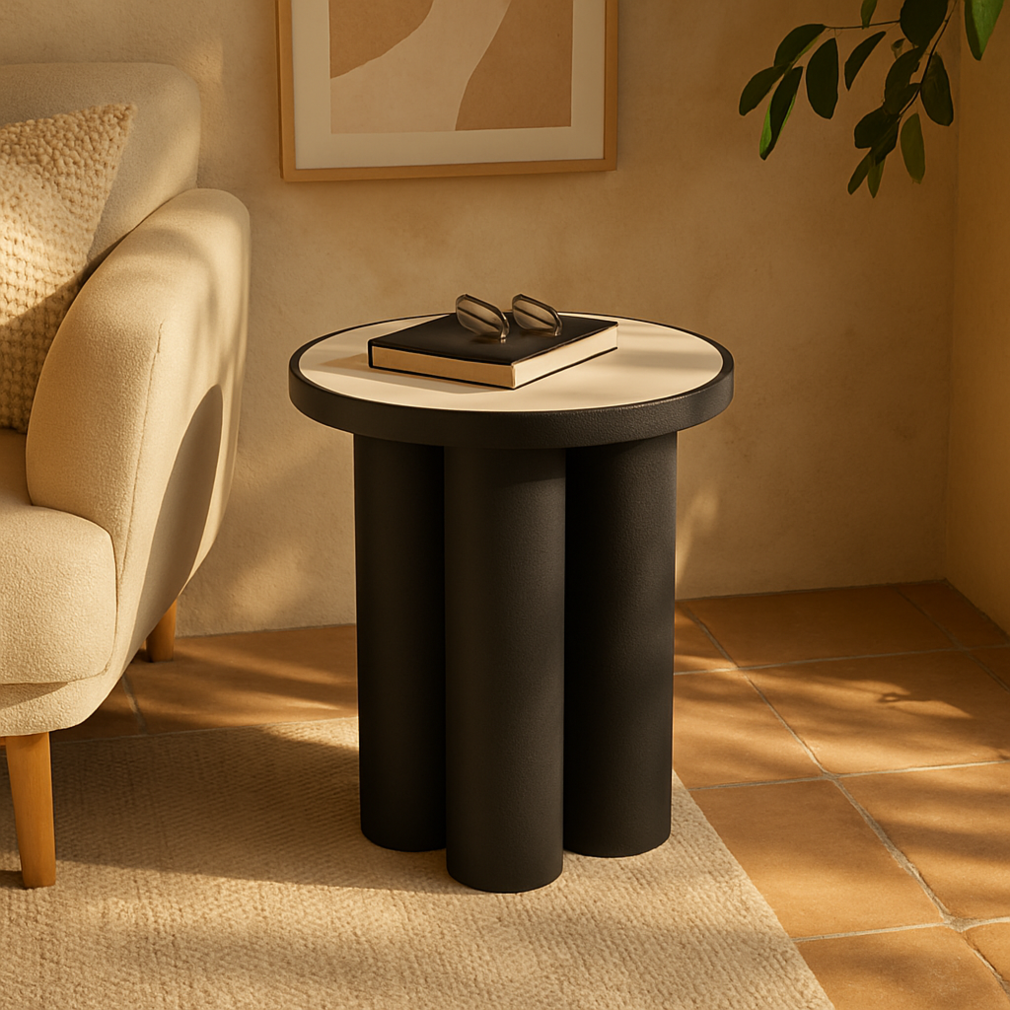 Black Metal Side End Accent Table with White Marble Tabletop