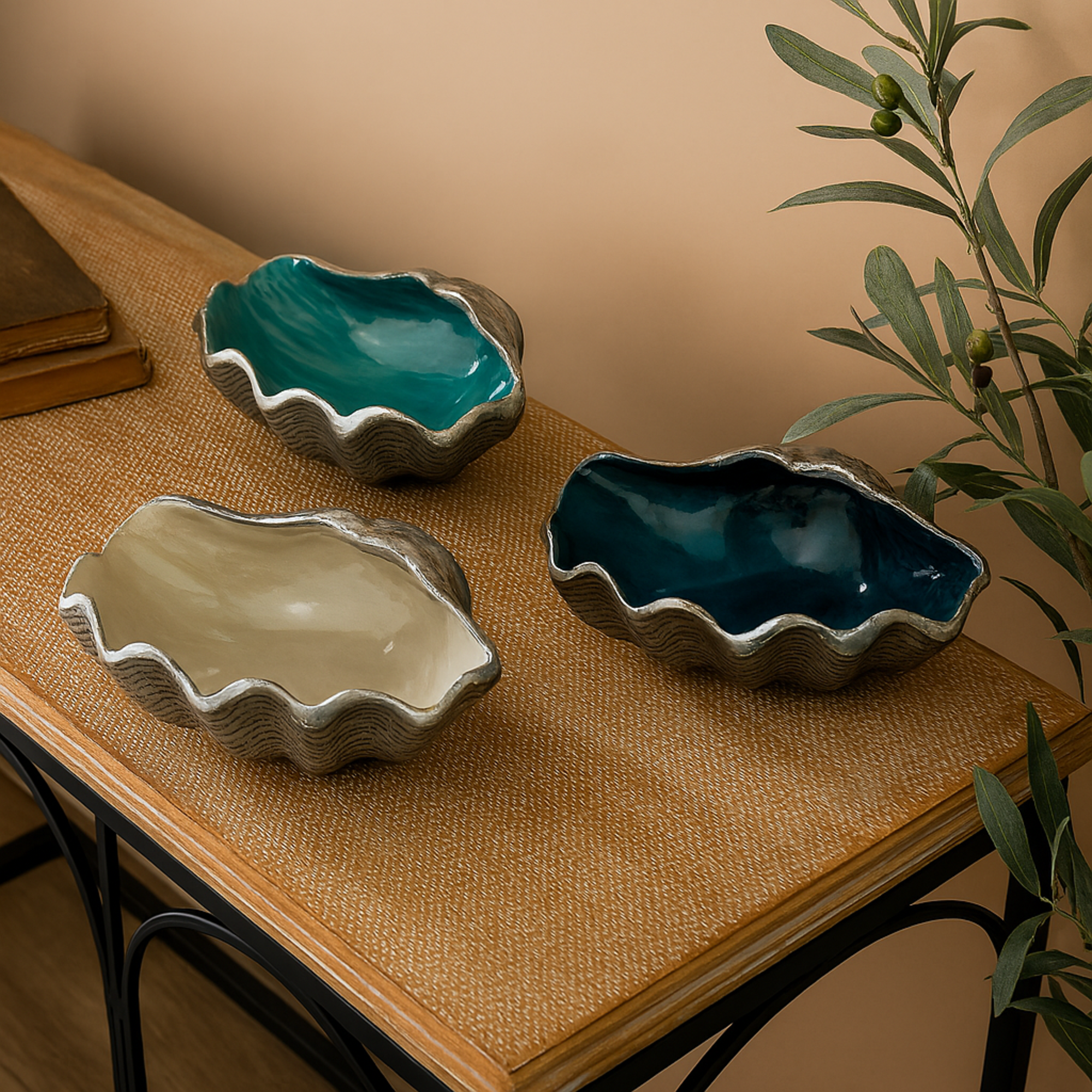 Set of 3 Shell Multi Colored Aluminum Metal Enameled Large Decorative Bowl with Silver Bases