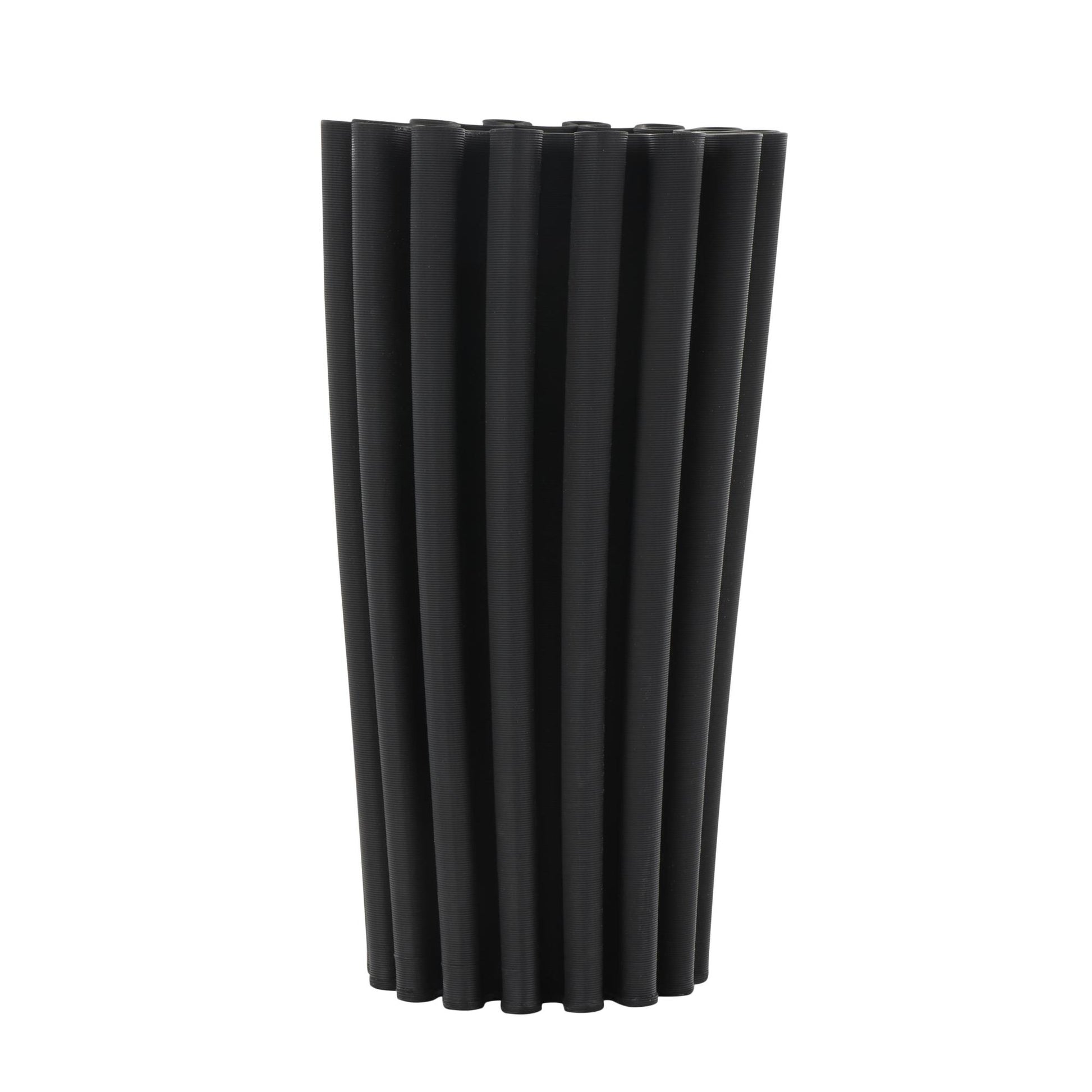 Abstract Black Ceramic Dimensional Ribbed Decorative Vase with Cylindrical Ridges
