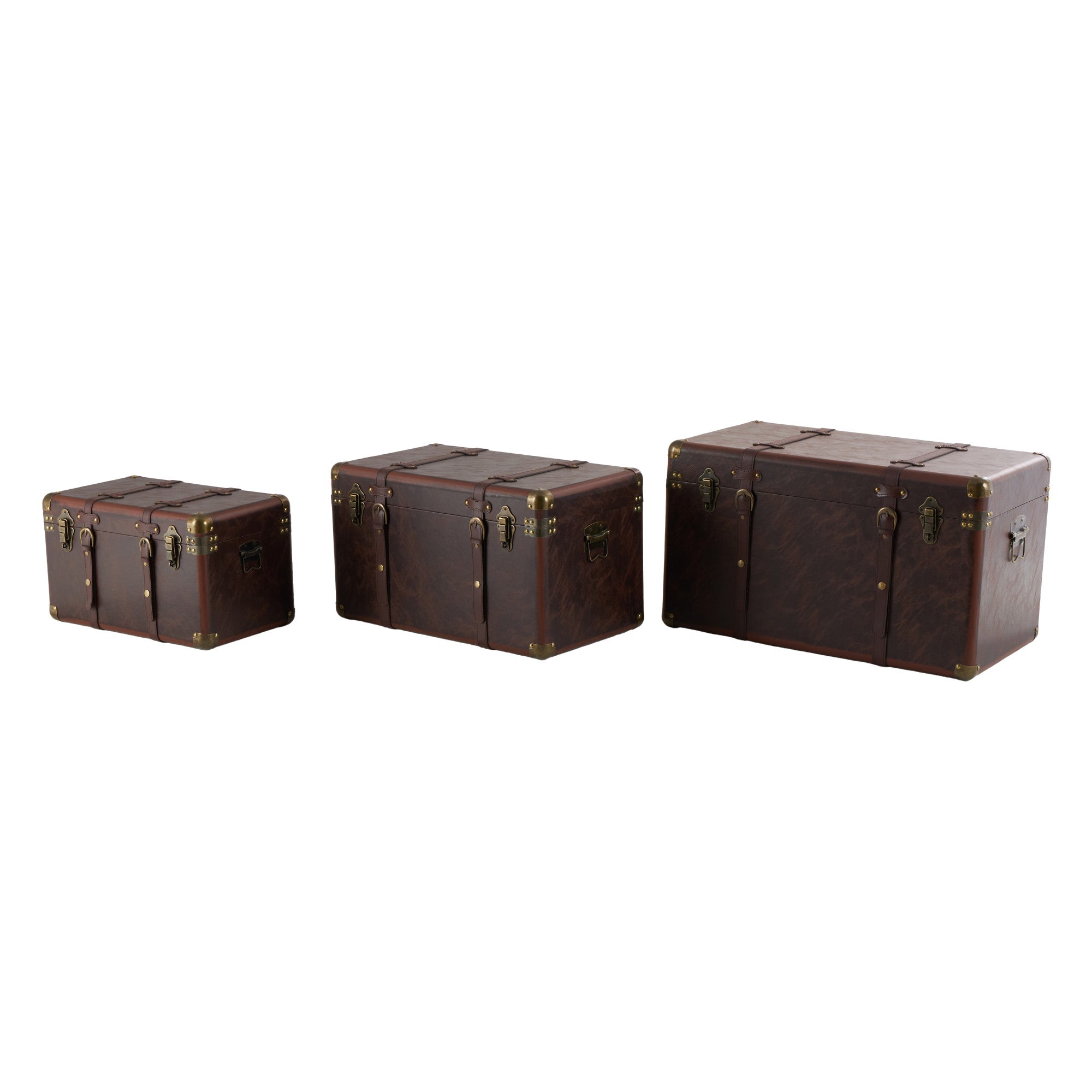 Set of 3 Brown Faux Leather Nesting Upholstered Decorative Trunk with Vintage Gold Accents and Studs