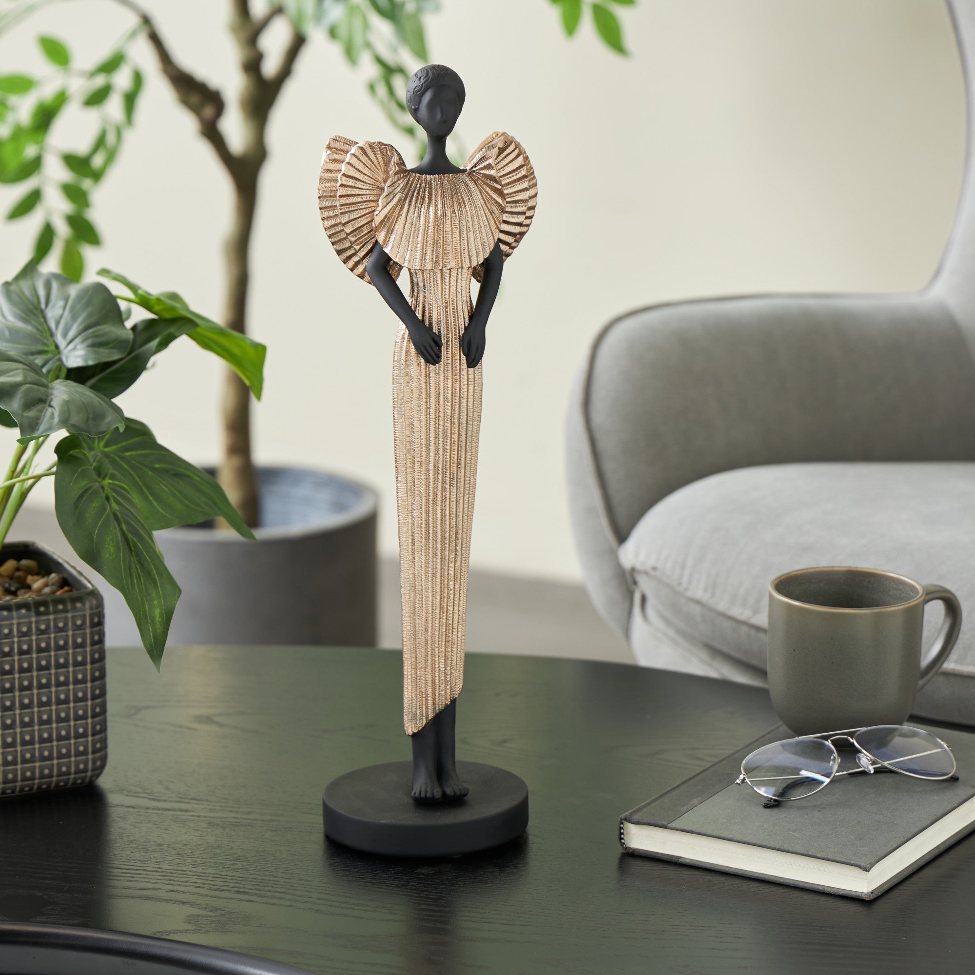 Woman Black Polyresin Decorative Sculpture with Ivory Dress