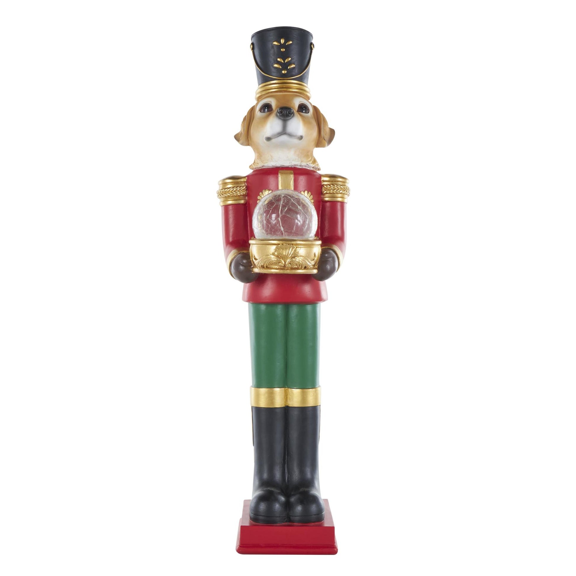 Dog Red Fiberglass Tall Soldier Nutcracker Decorative Christmas Sculpture with LED Light Snow Globe