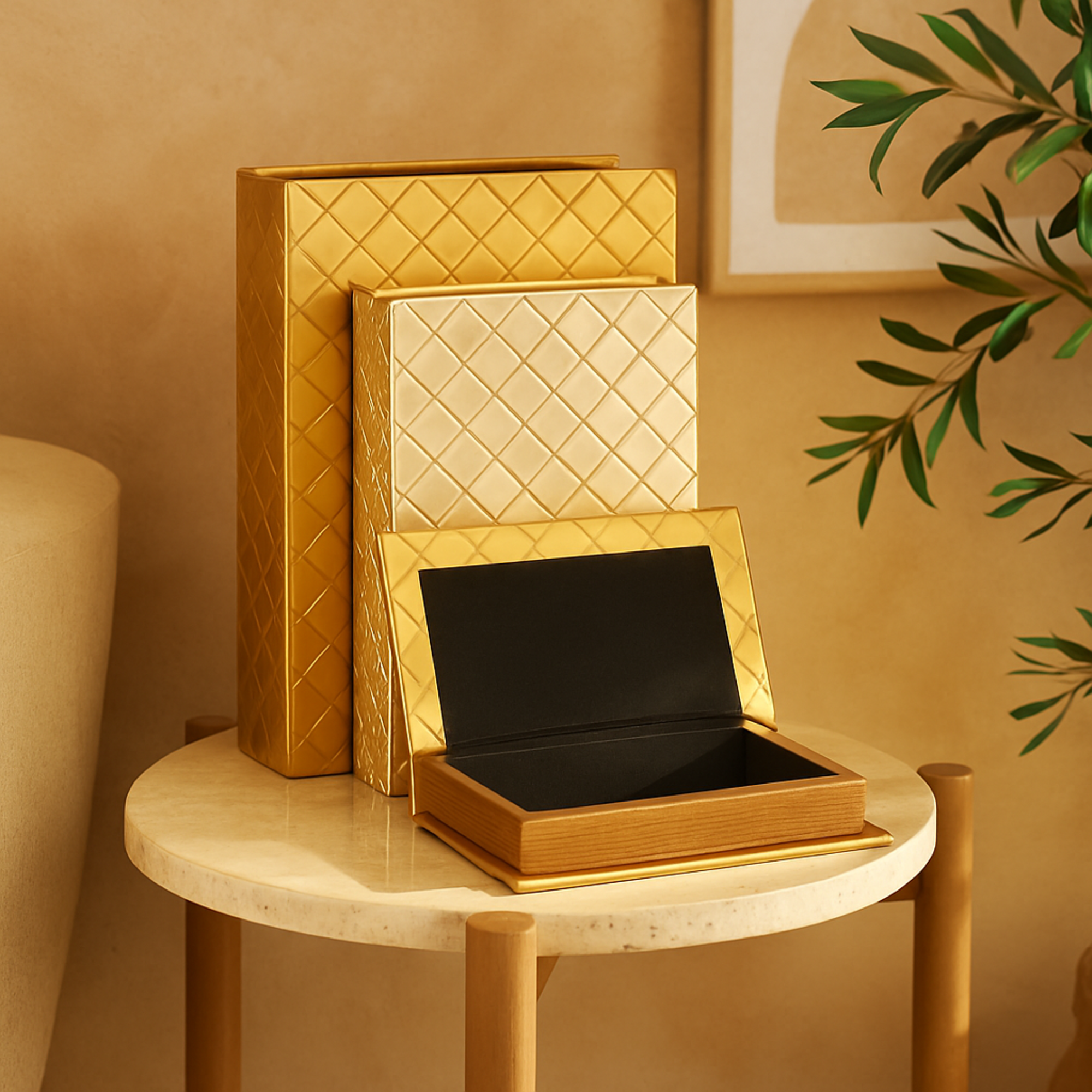 Set of 3 Geometric Gold Faux Leather Metallic Textured Diamond Faux Book Storage Decorative Box