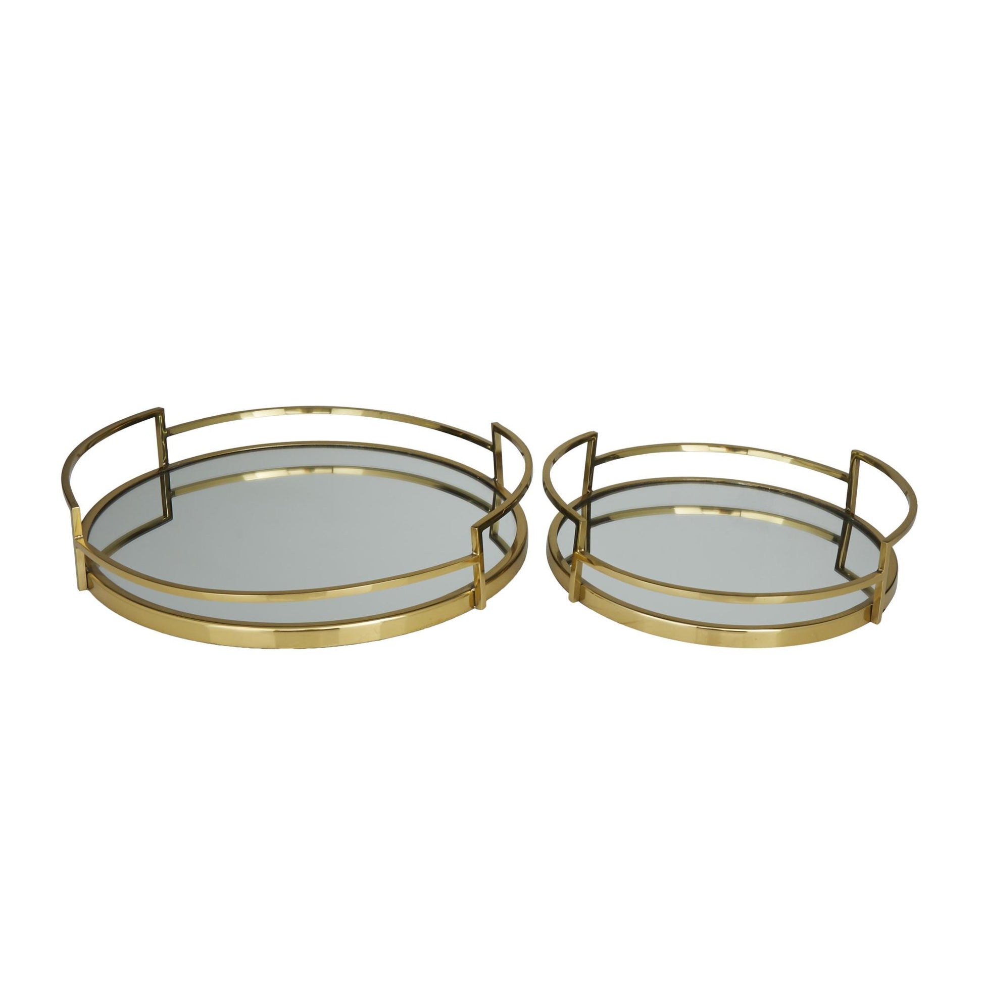 Set of 2 Stainless Steel Metal Round Mirrored Living Room Decor Tray with Elevated Rim and Handles