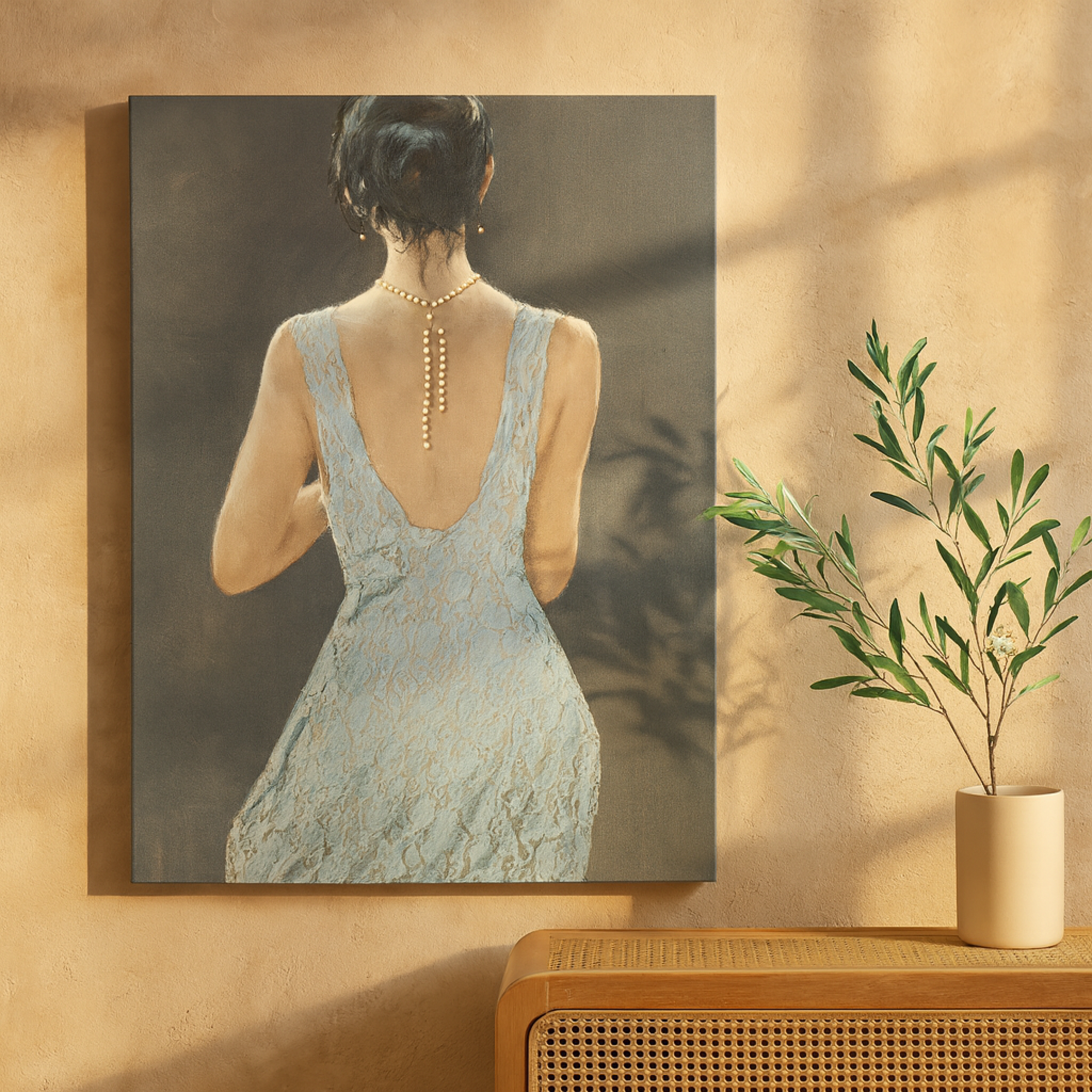 Woman Multi Colored Canvas Living Room Framed Wall Art with 3D Blue Fabric Dress and Gold Jewels