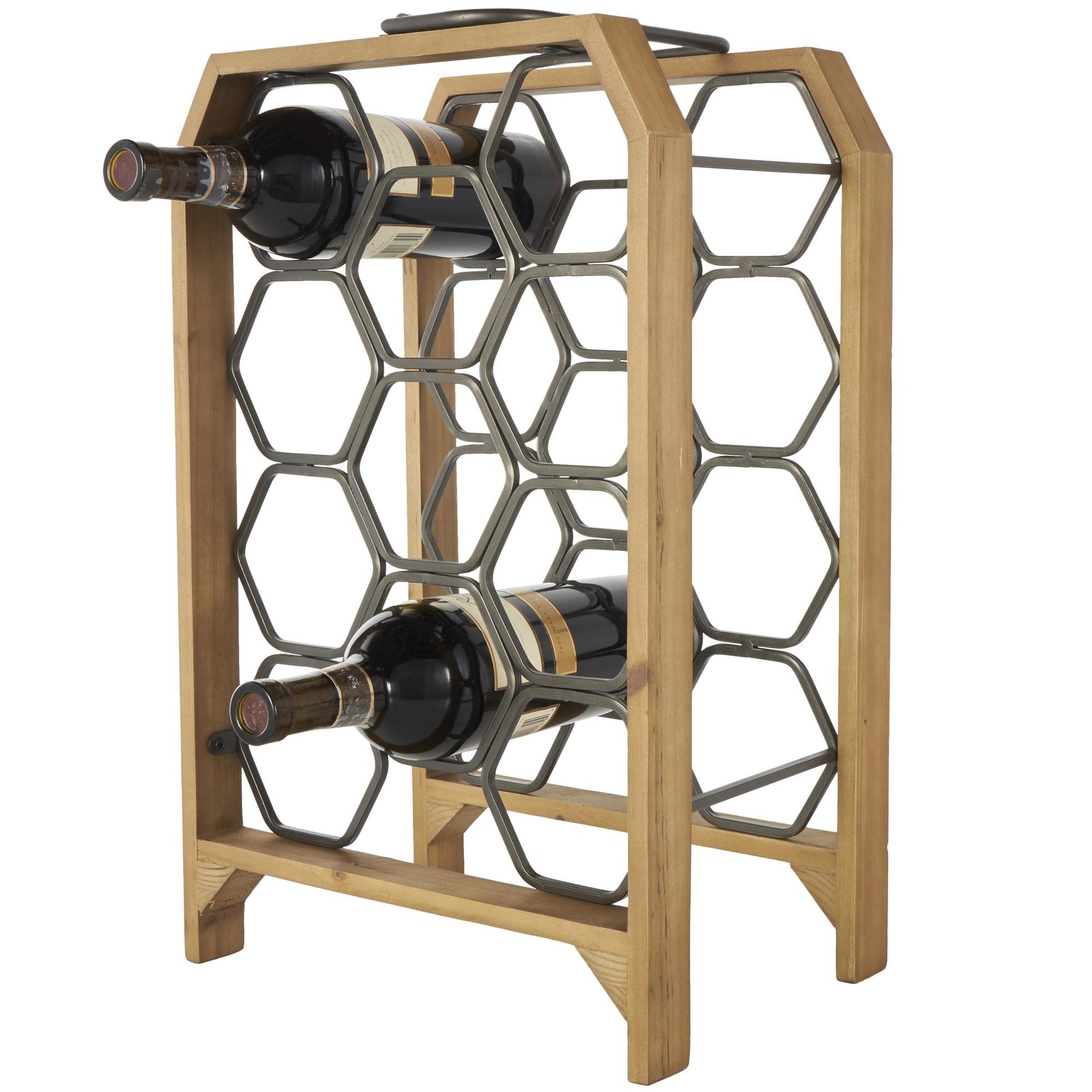 Brown Wood Tall Wine Rack with Gray Metal Curved Teardrop Holders