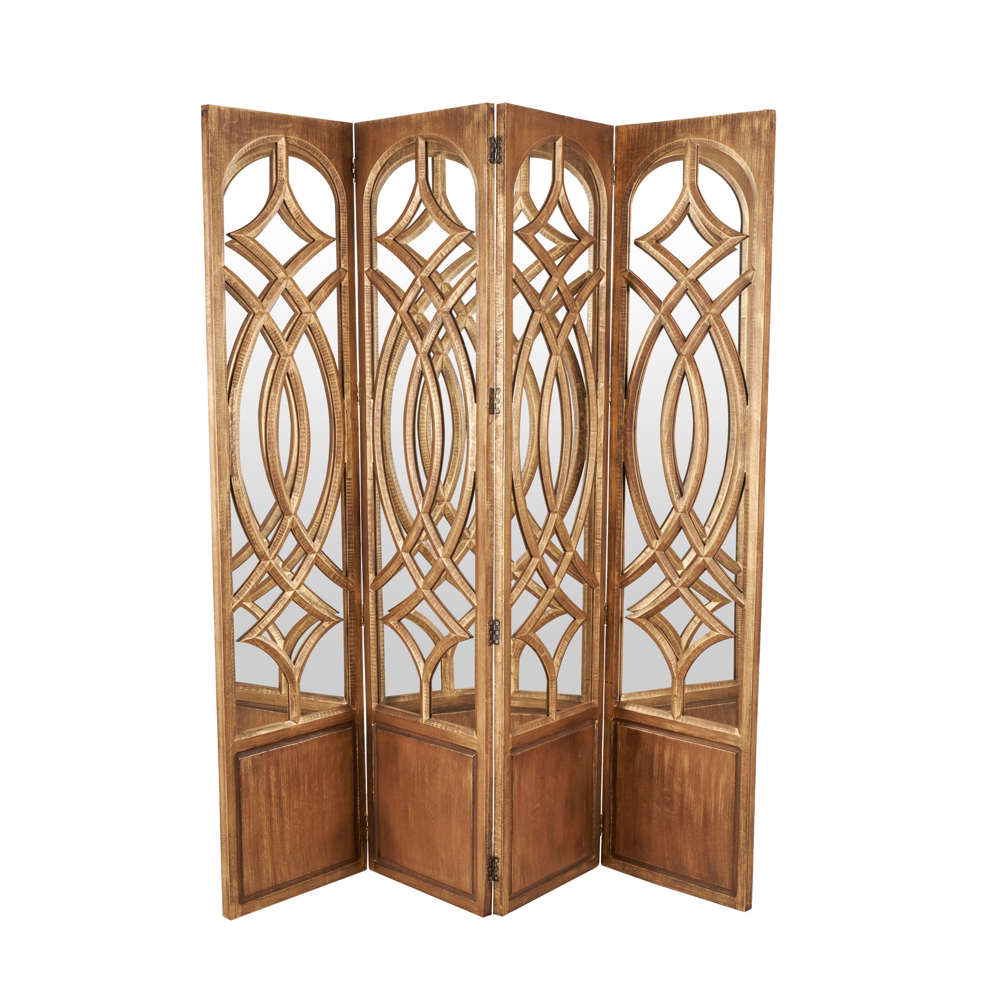 Brown Mango Wood Handmade Hinged Foldable Partition Room Divider Screen with Mirror