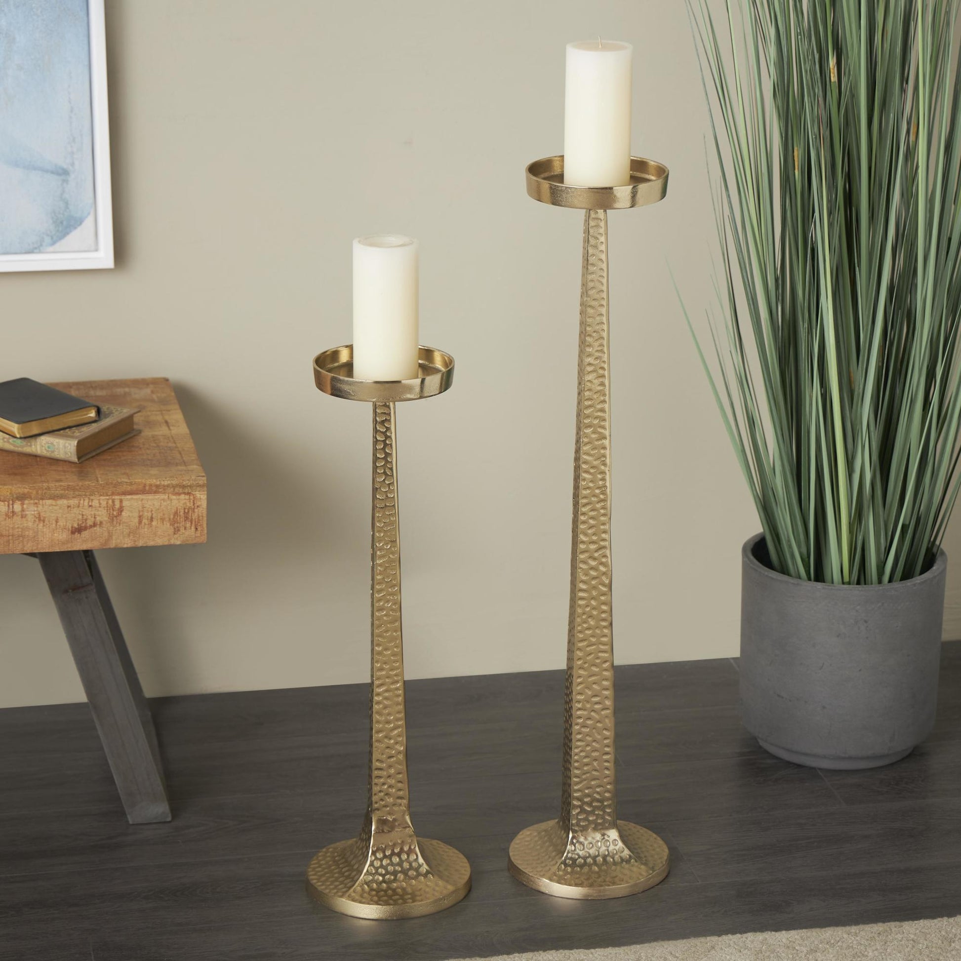Set of 2 Gold Aluminum Metal Tall Hammered Decorative Candle Holder