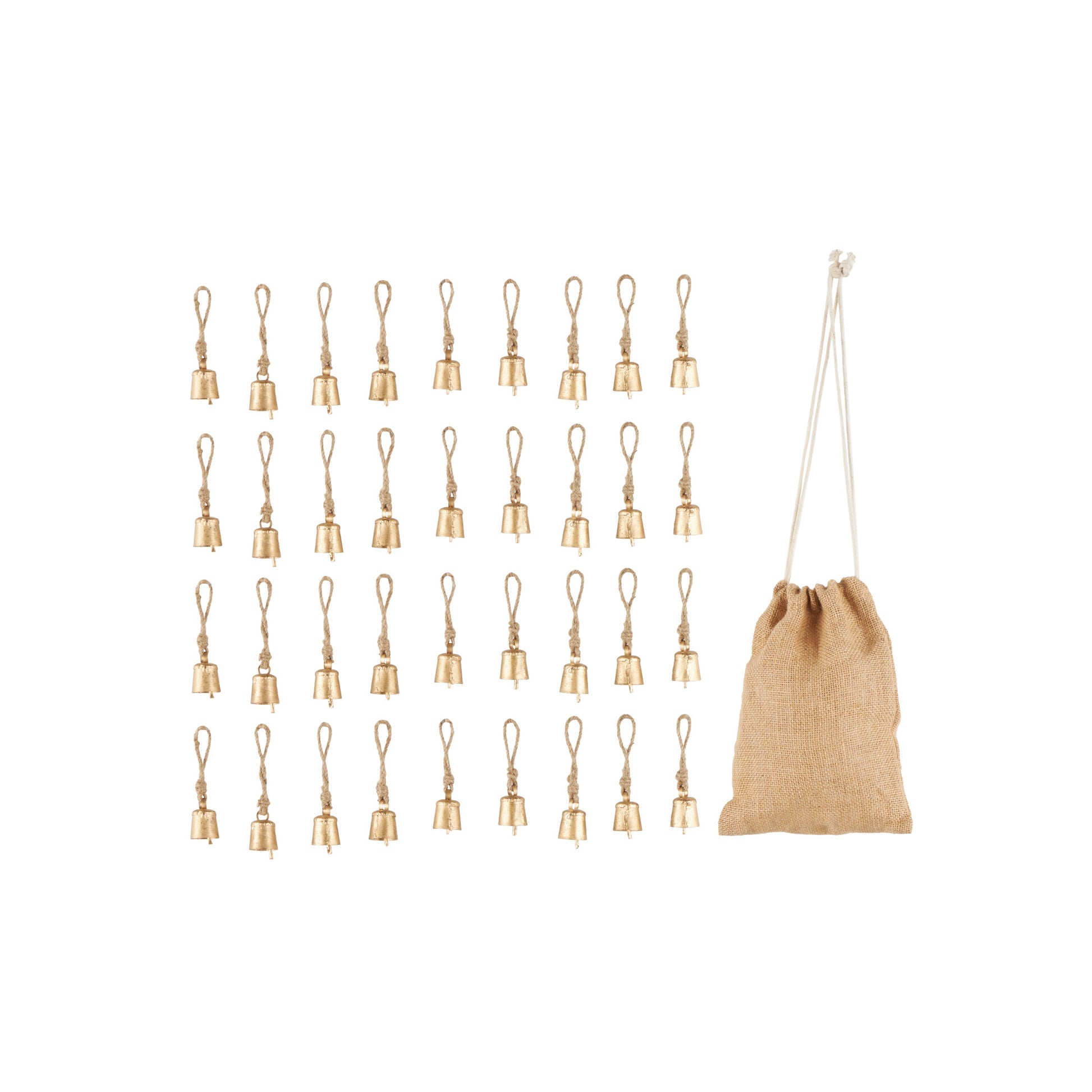 Set of 36 Bell Gold Metal Tibetan Inspired Indoor Outdoor Decorative Bells with Brown Jute Rope and Canvas Tote