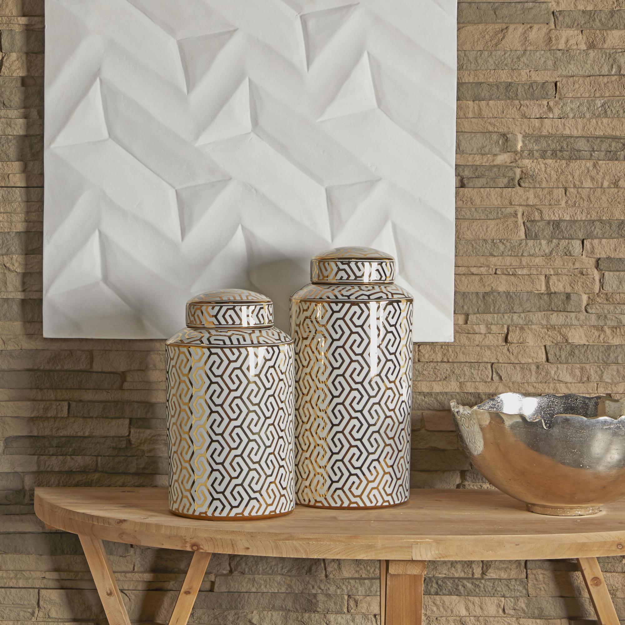 Set of 2 Geometric Ceramic Living Room Decorative Jars with White Accents