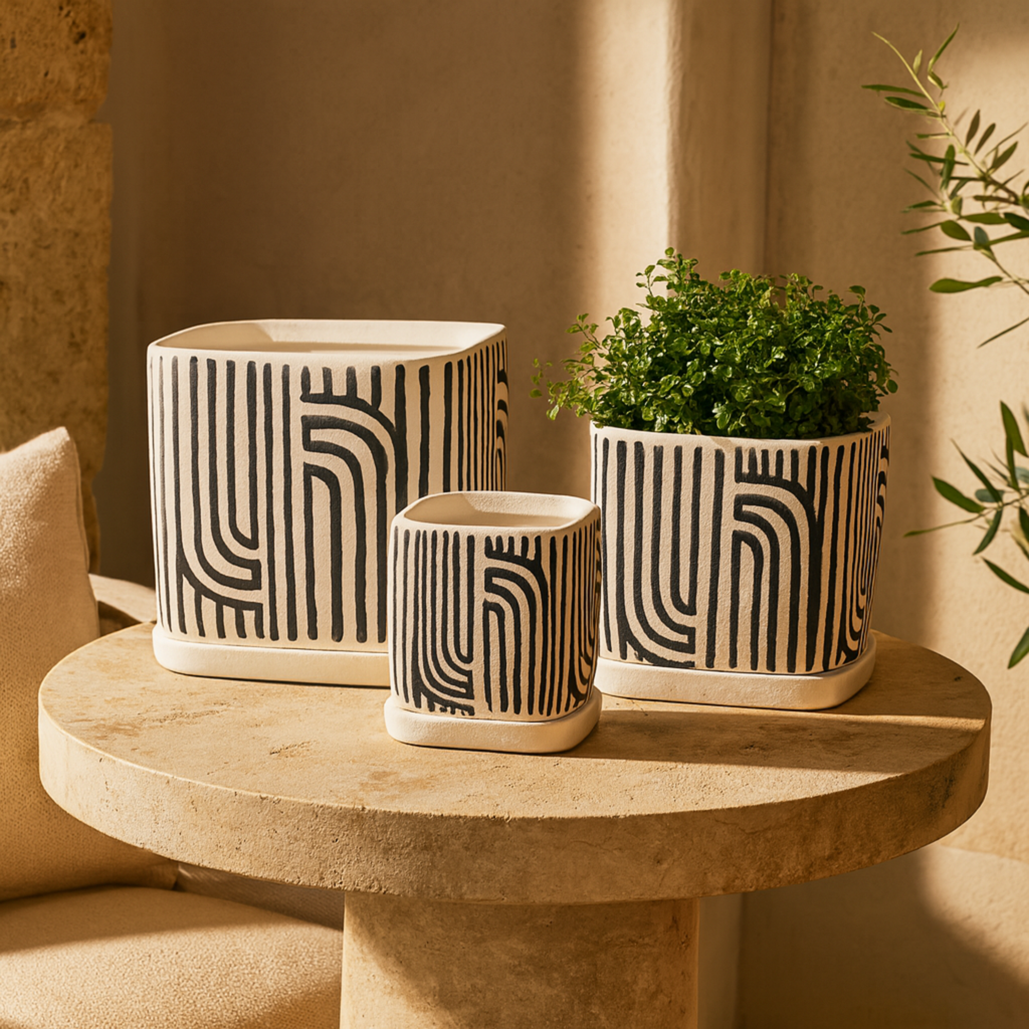 Set of 3 Geometric Ceramic Arched Patterned Indoor Outdoor Planter with Attached Saucer Set of 3 7", 6", 5"H