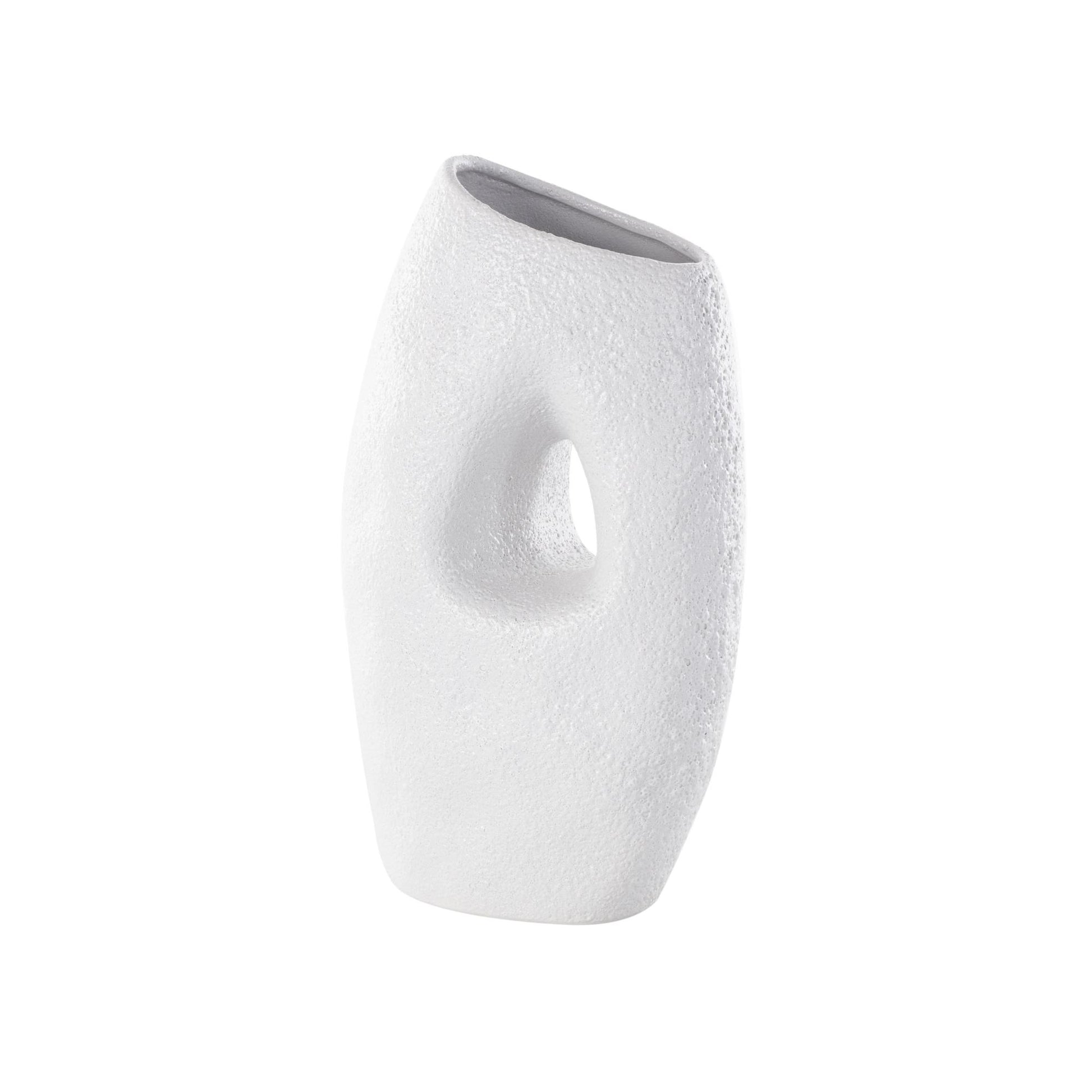 Abstract White Ceramic Textured Decorative Vase with Cutout Center