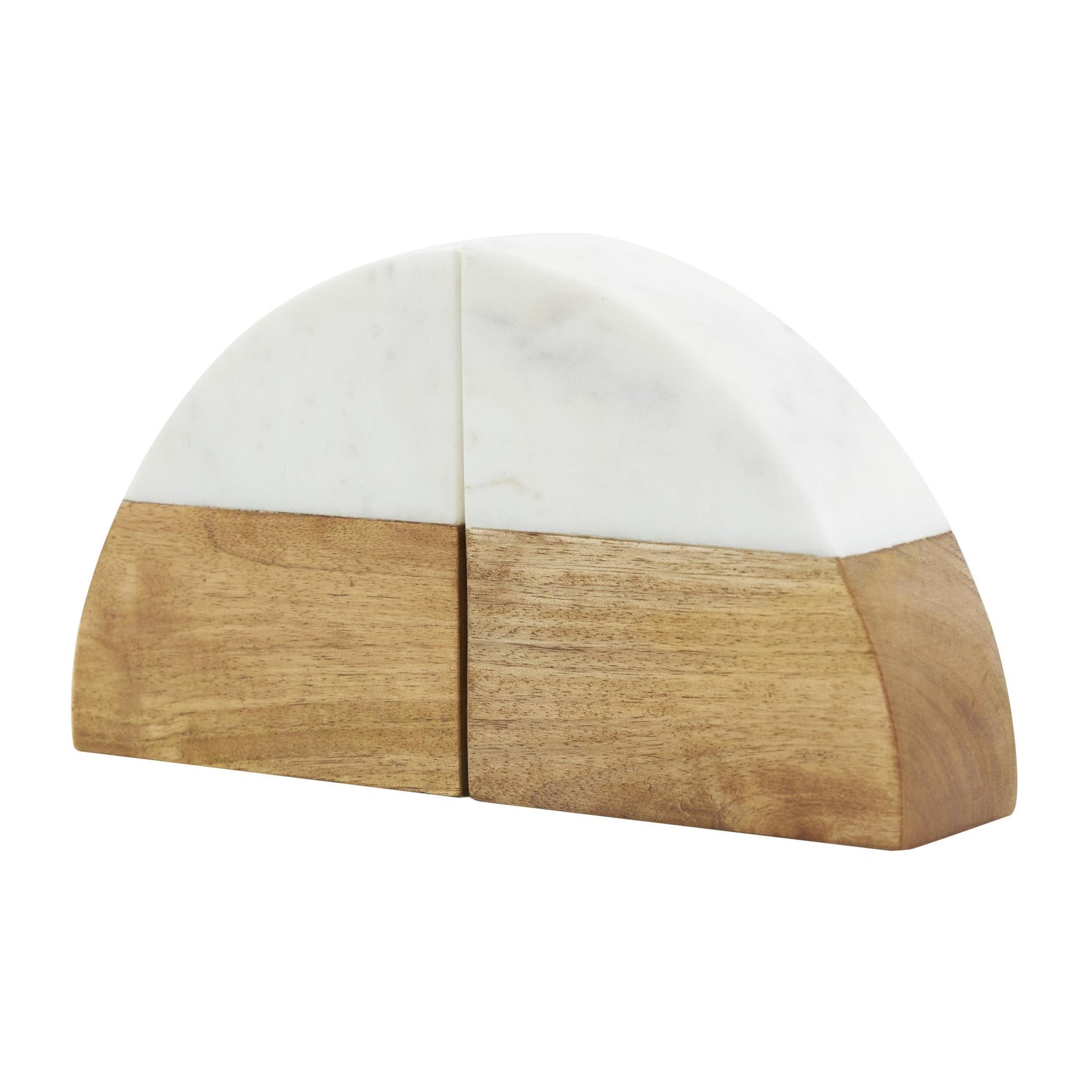 Set of 2 Geometric Brown Mango Wood Arched 5 lbs Decorative Bookends with White Marble Tops